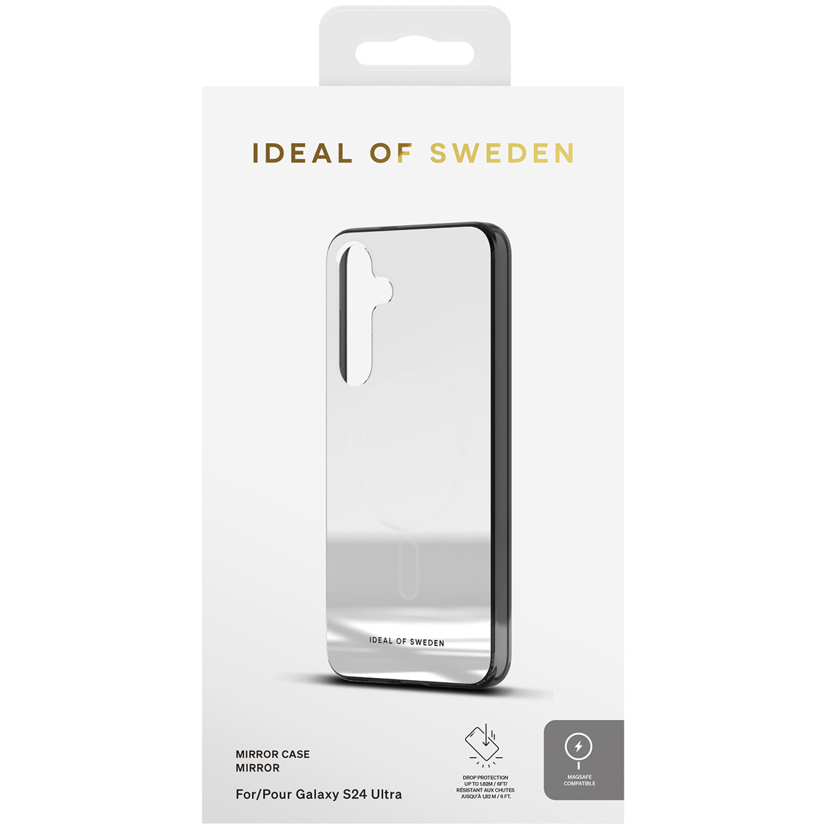 Verpackung für eine silberne Spiegel-Handyhülle für das Galaxy S24 Ultra.