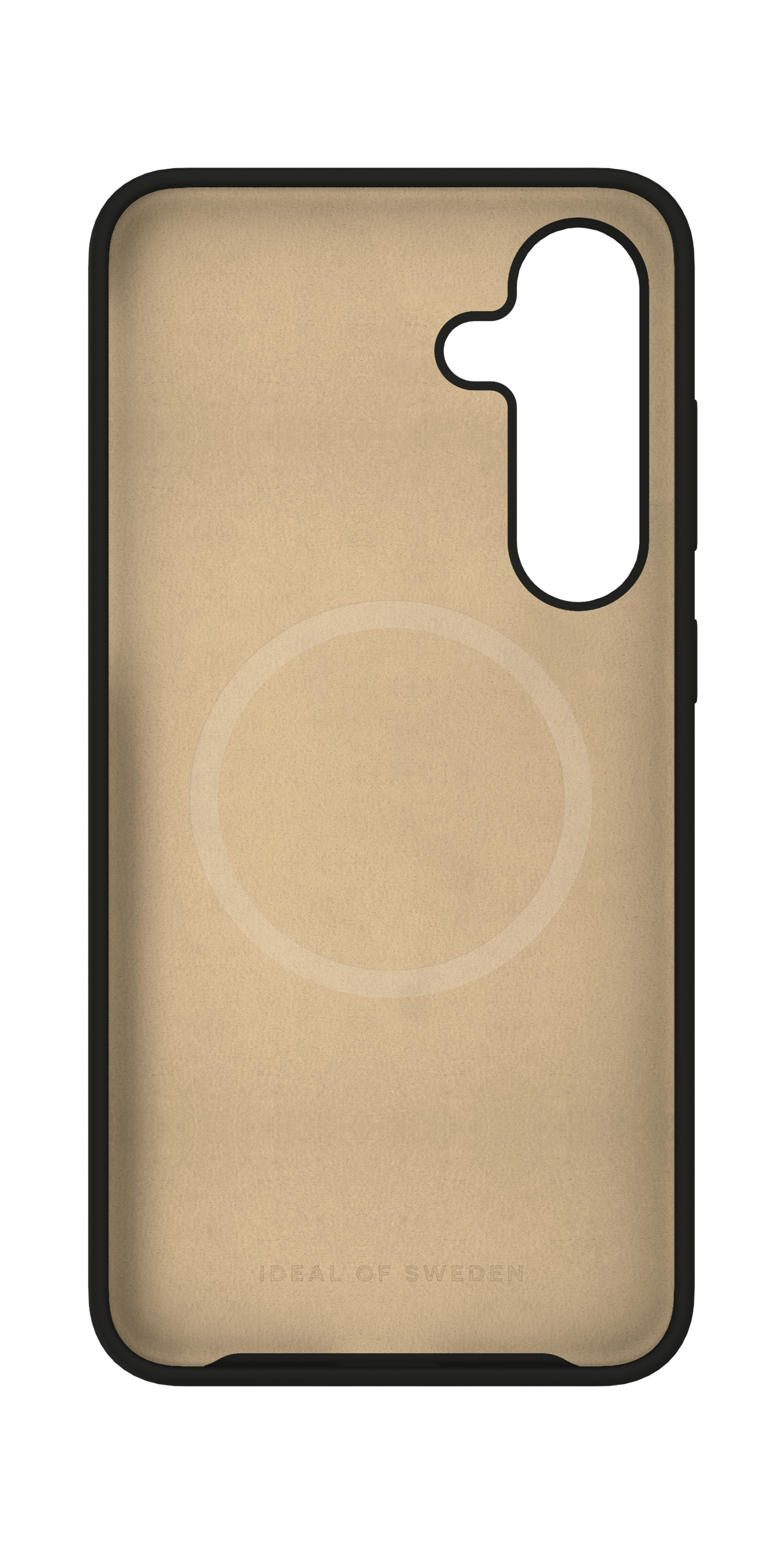 Eine beige Handyhülle mit schwarzem Rand und Kameraaussparung.