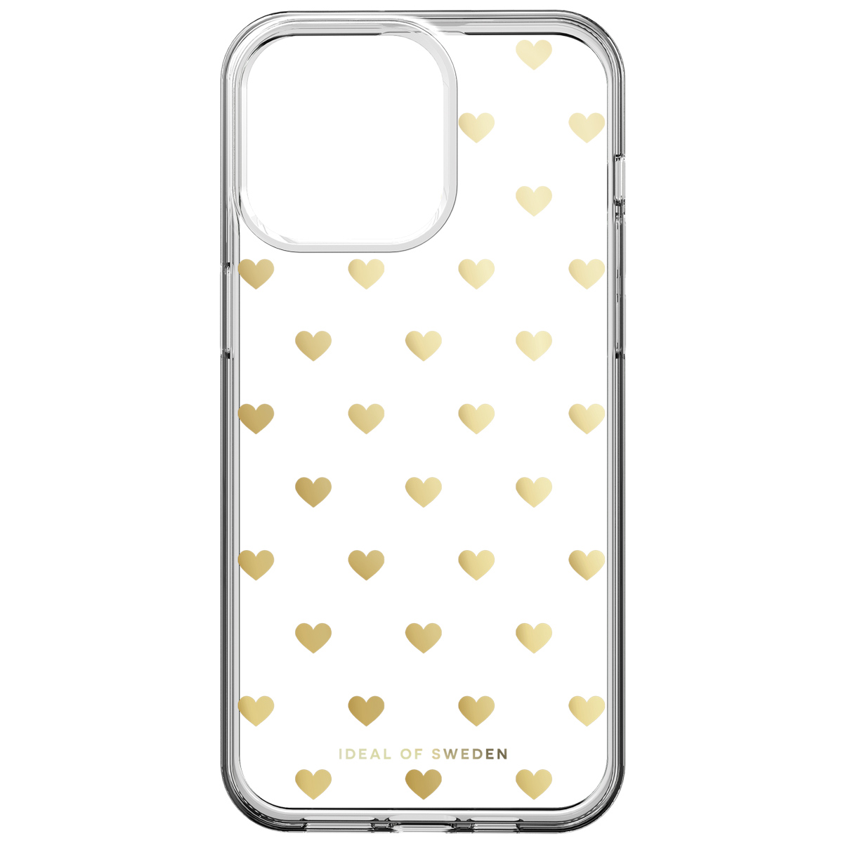 Transparente Hülle mit goldenen Herzen und Logo.