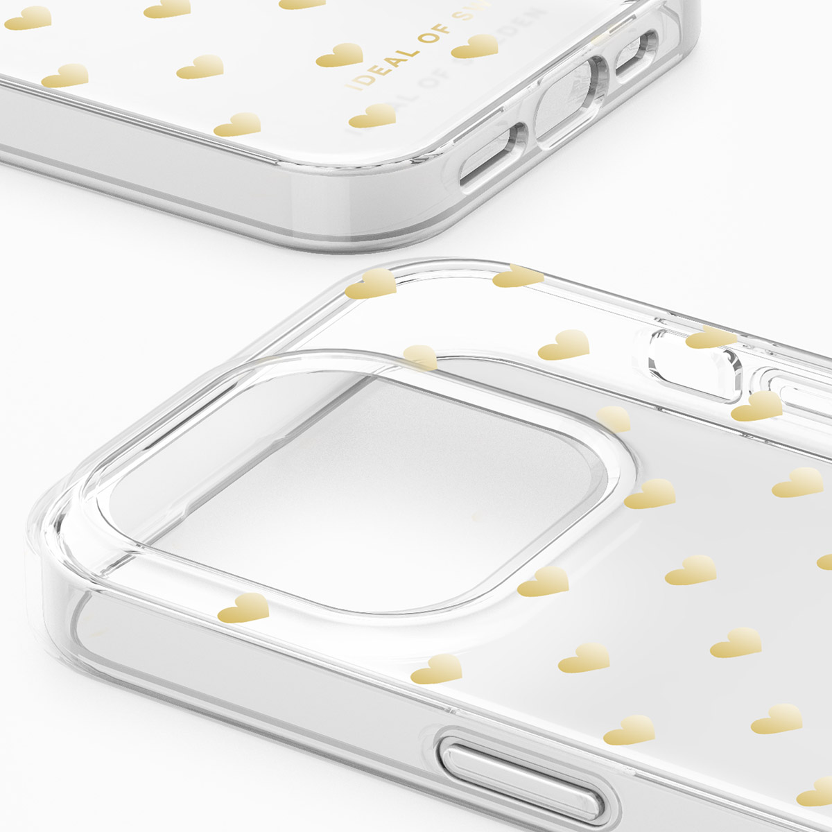 Transparente Handyhüllen mit goldenen Herzen, Nahaufnahme.