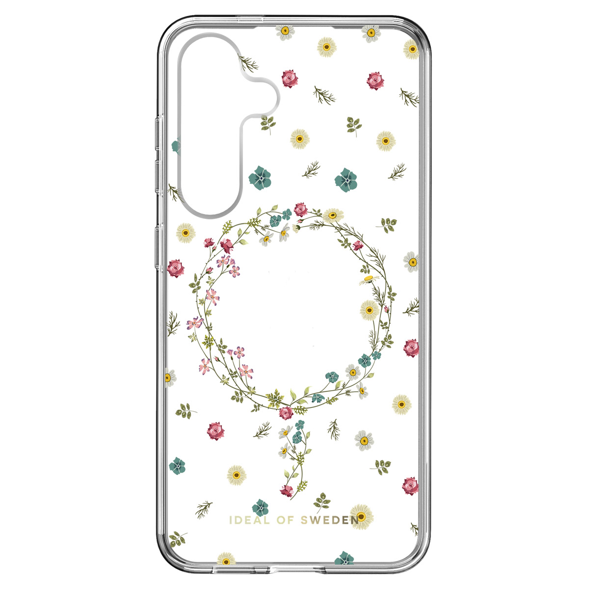 Transparente Handyhülle mit Blumenkranz und Rosenmuster.