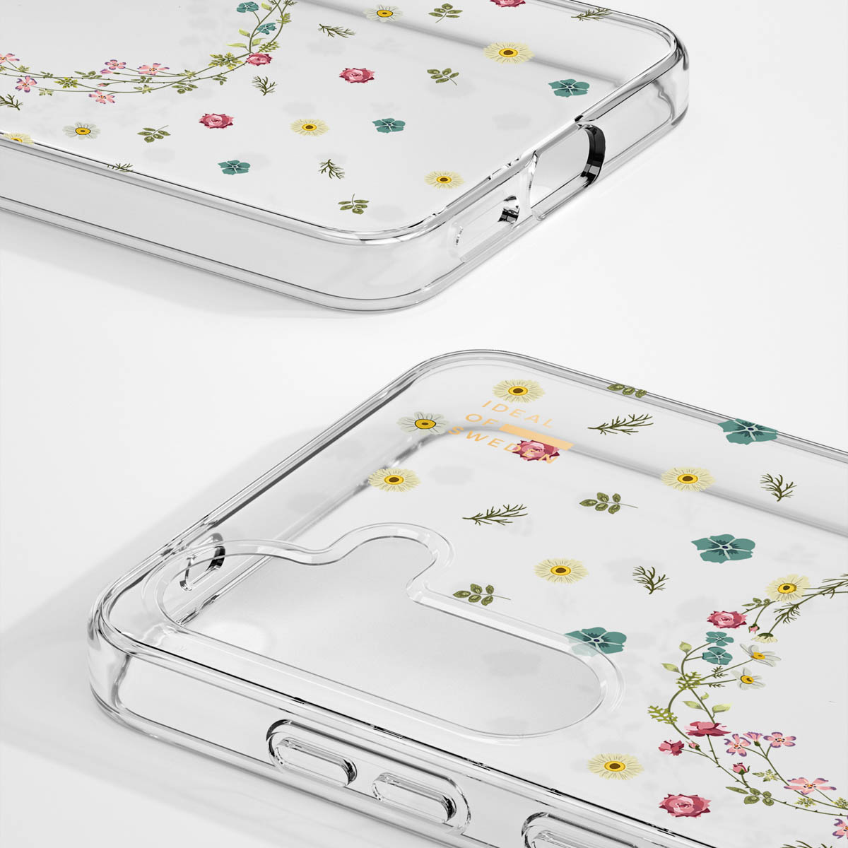 Transparente Handyhülle mit Blumenmuster und Schriftzug 'IDEAL OF SWEET'.