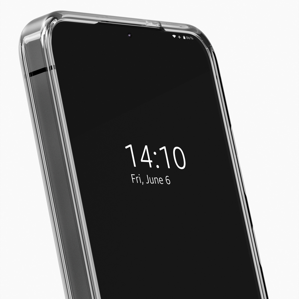 Ein Smartphone mit transparentem Gehäuse zeigt 14:10 am Freitag, 6. Juni.