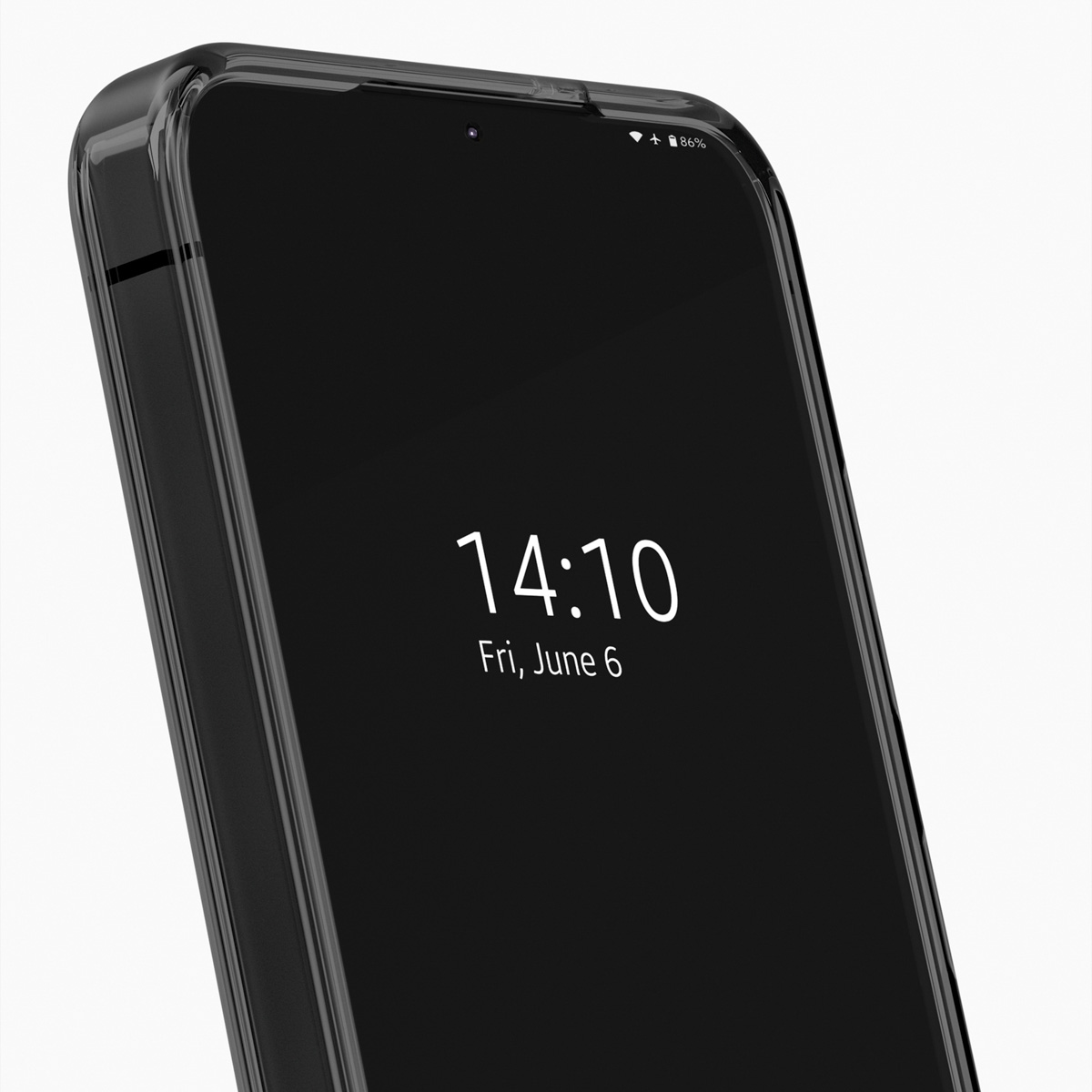 Ein schwarzes Smartphone in einer klaren Hülle zeigt 14:10 und Fr, 6. Juni.