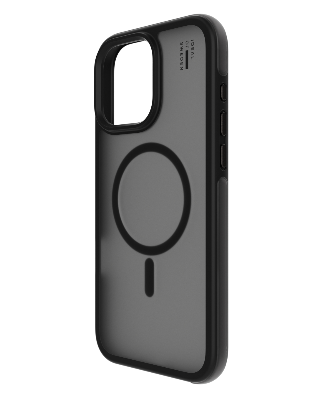 Ein dunkler, transparenter Handyhülle mit einem Magnetring und dem Logo von Ideal of Sweden.
