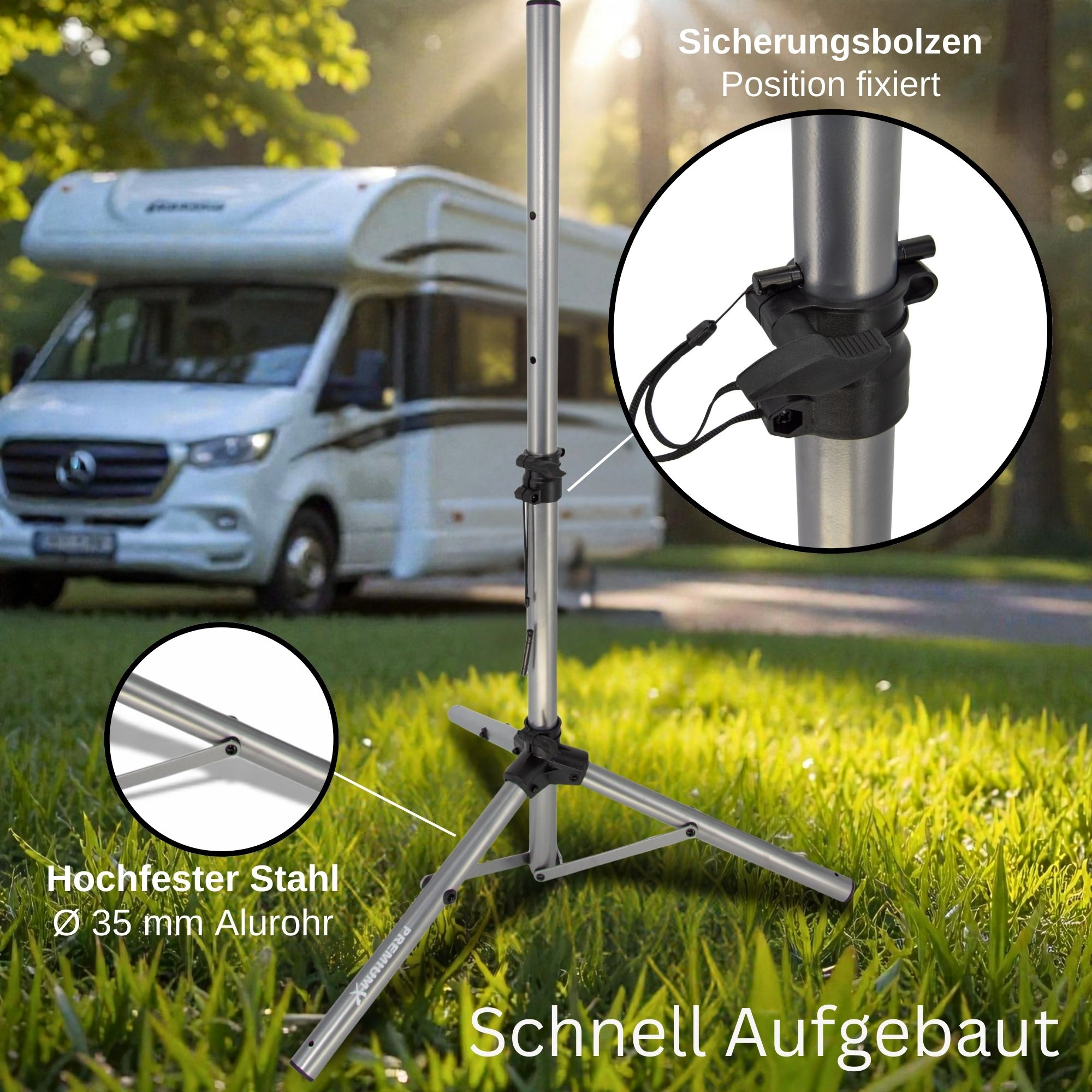 Ein Stativ steht im Gras vor einem Wohnmobil. Nahaufnahme zeigt Verriegelungsmechanismus.