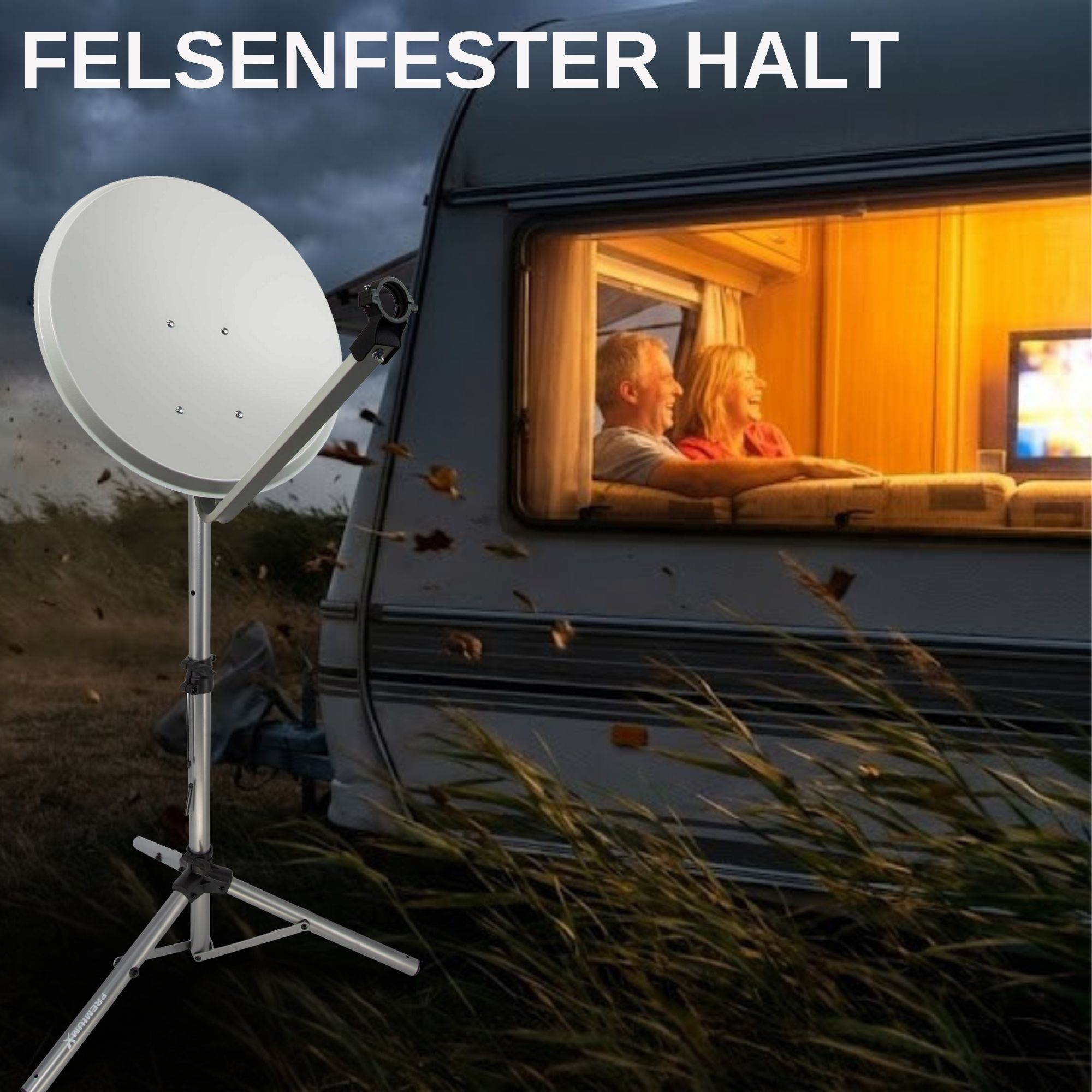 Satellitenschüssel vor einem Wohnwagen mit einem Paar im Inneren.