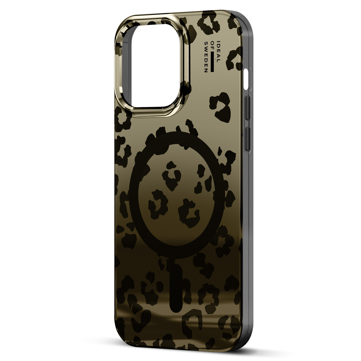 Ein goldener Handyhülle mit Leopardenmuster und dem Logo von IDEAL OF SWEDEN.