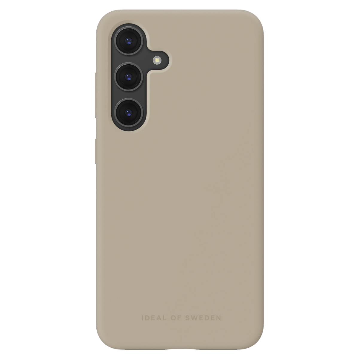 Eine beige Handyhülle mit drei Kameralinsen und einem Blitz.