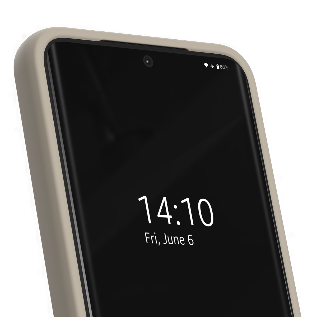 Ein Smartphone mit einem beigefarbenen Gehäuse und einem dunklen Bildschirm, auf dem 14:10 und Fr, 6. Juni angezeigt werden.