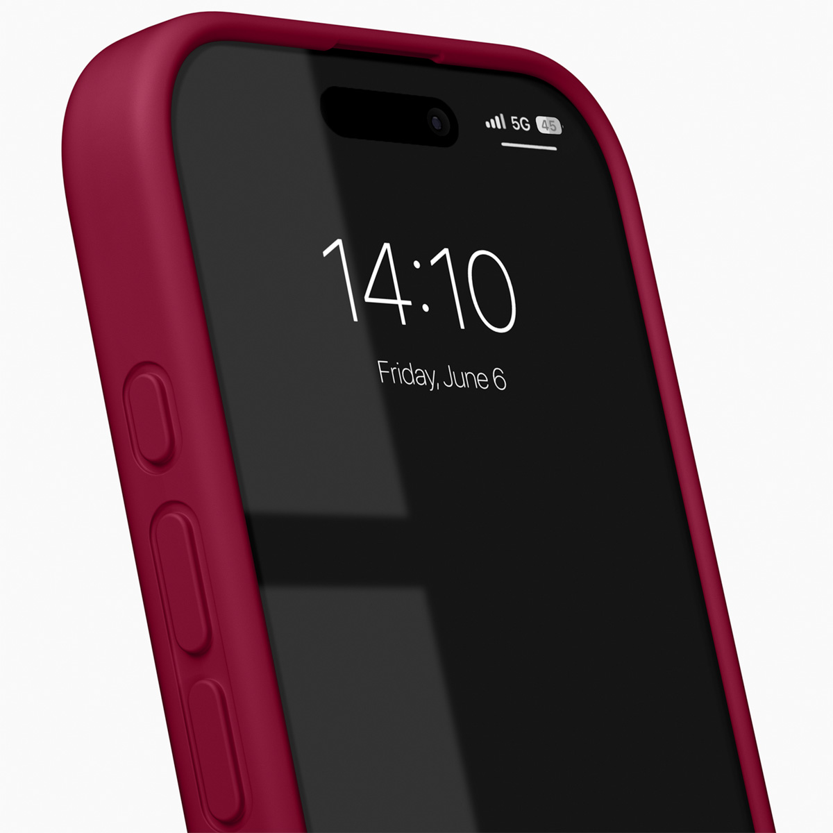 Ein rotes iPhone mit 5G-Signal und 14:10 Uhr, Freitag, 6. Juni.