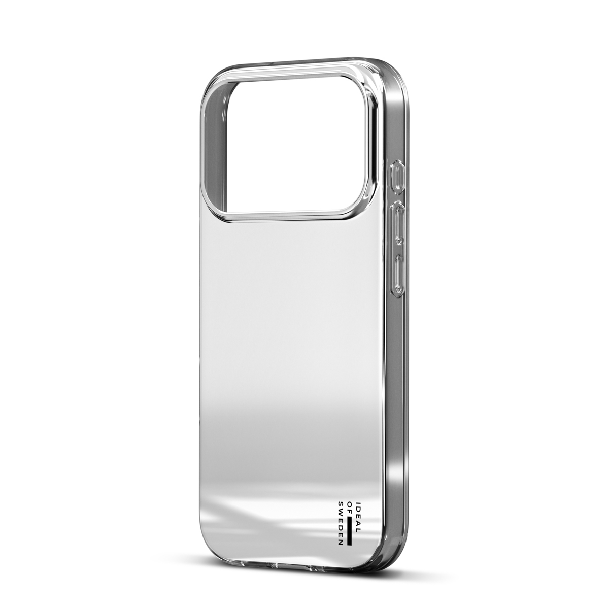 Transparente Handyhülle mit silbernem Rand und Kameraausschnitt.