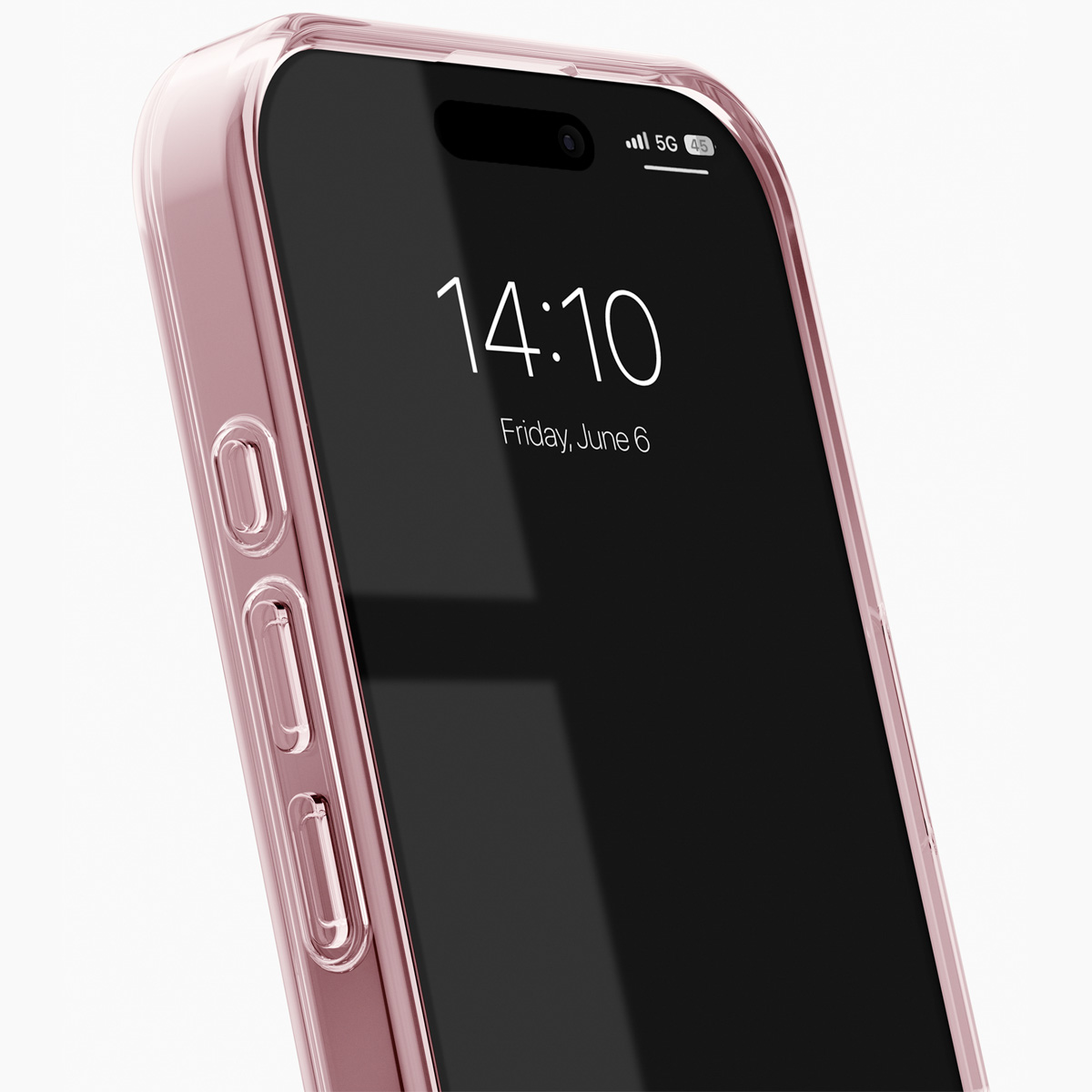 Ein roségoldenes iPhone mit einem transparenten Gehäuse zeigt die Uhrzeit 14:10 an.
