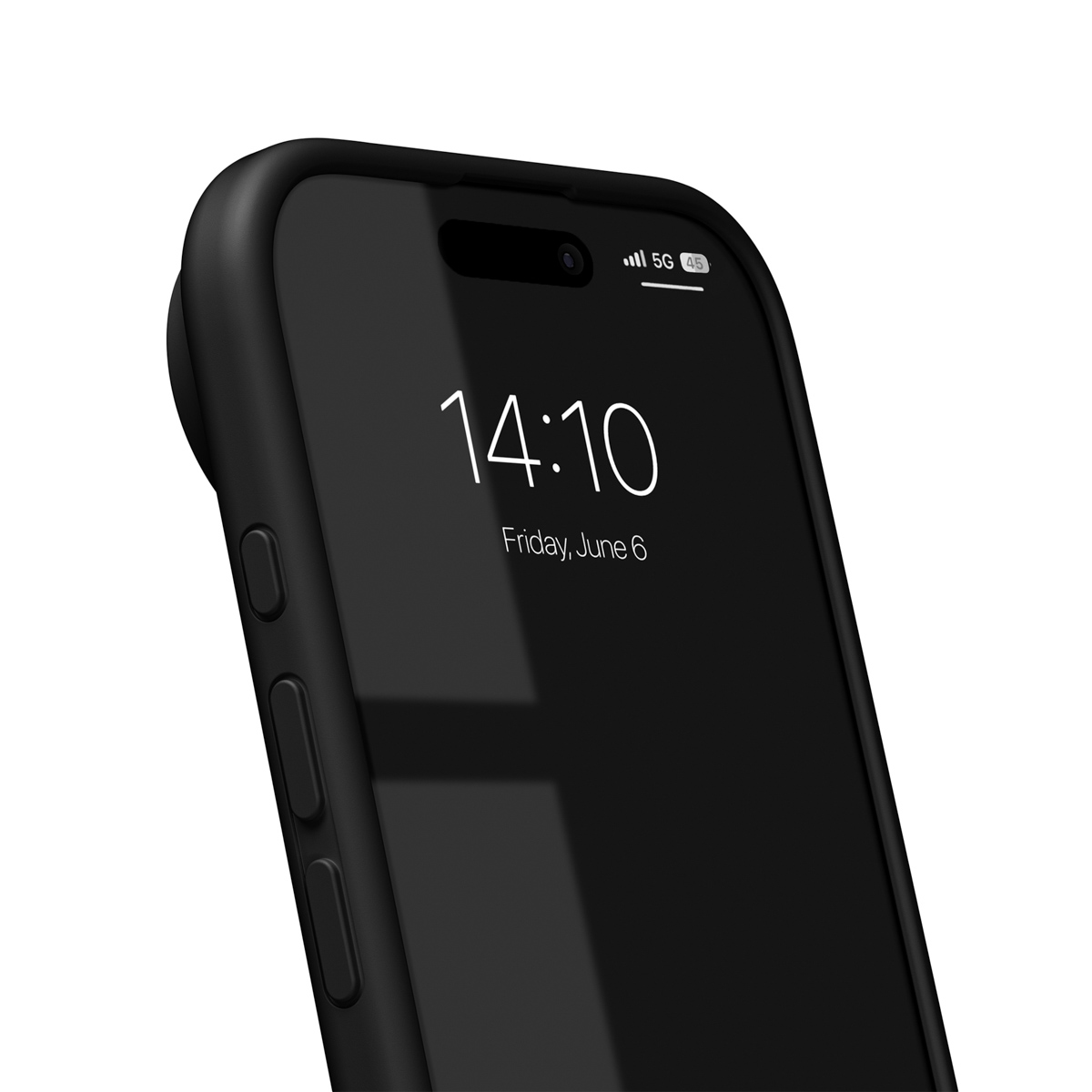 Schwarzes Smartphone mit schwarzem Gehäuse, das die Uhrzeit 14:10 anzeigt.