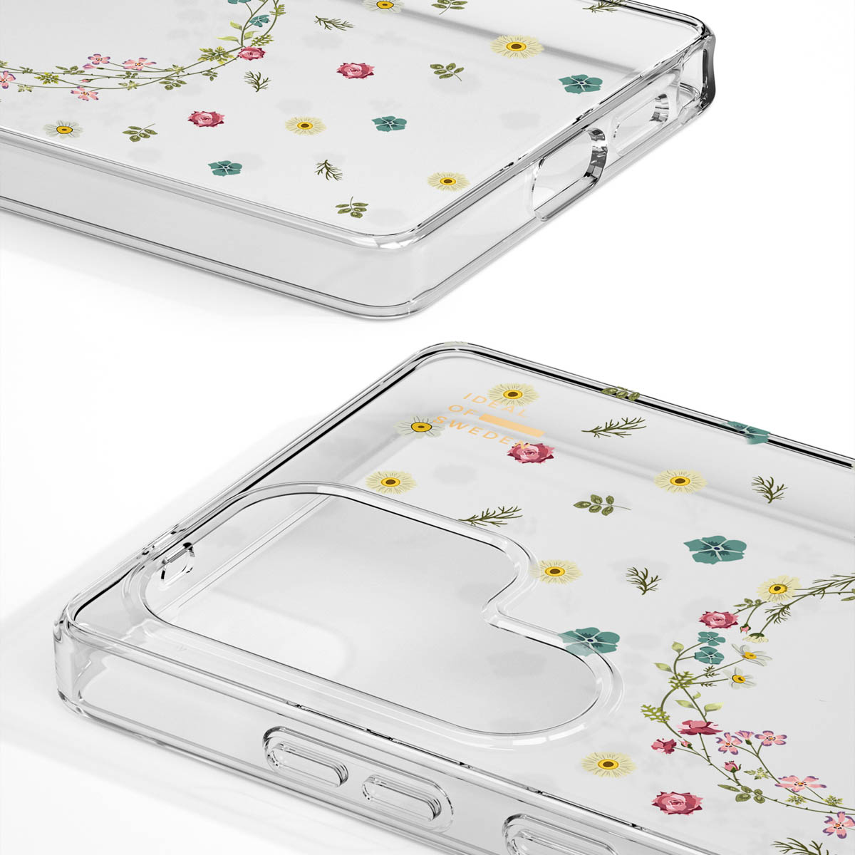 Transparente Hülle mit Blumenmuster aus rosa Rosen, Gänseblümchen und grünen Blumen.