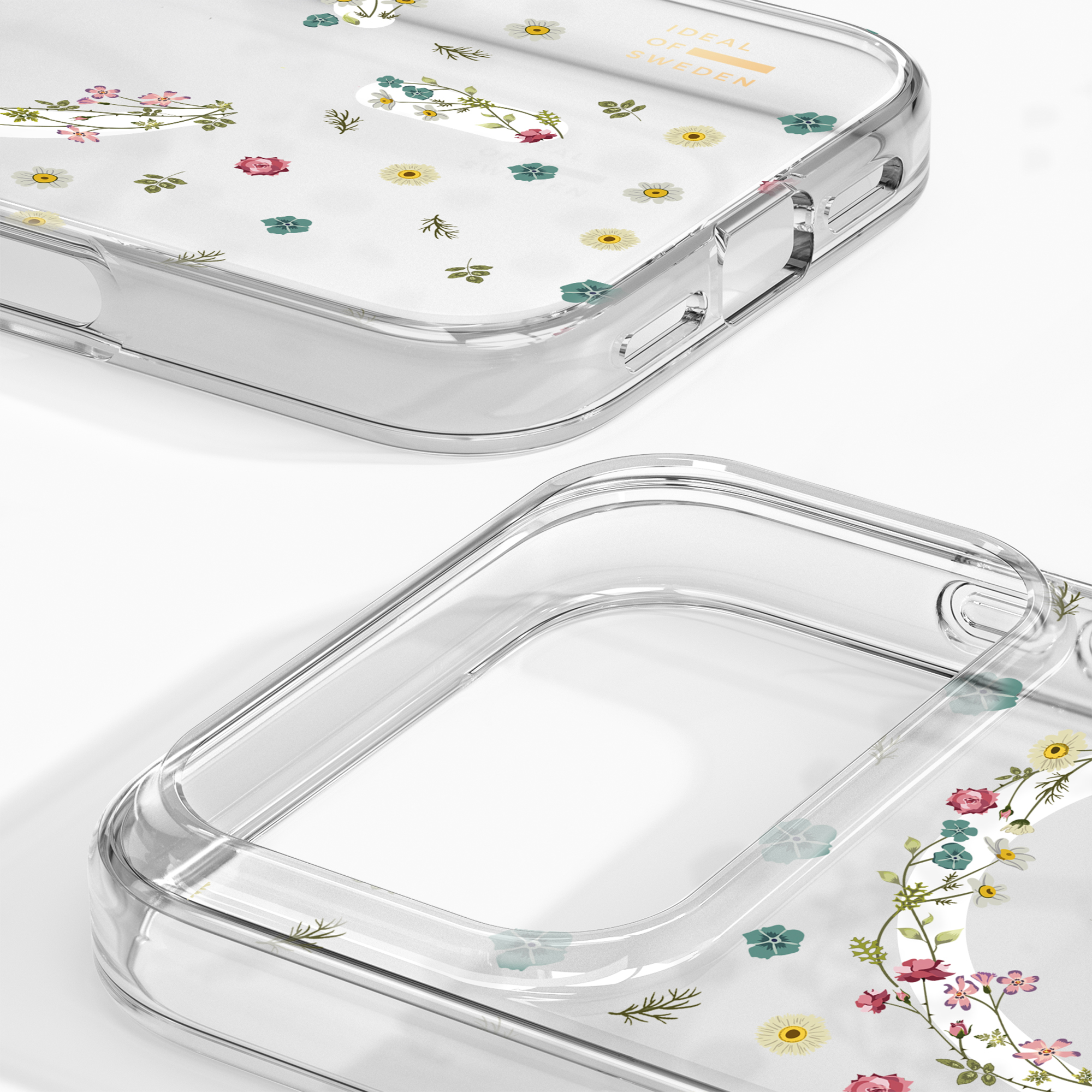 Transparente Handyhülle mit Blumenmuster und Logo.