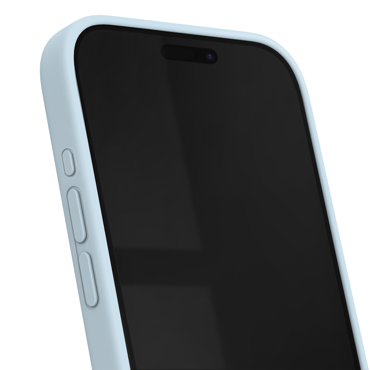 Ein hellblaues Handy mit schwarzem Bildschirm und sichtbaren Tasten.