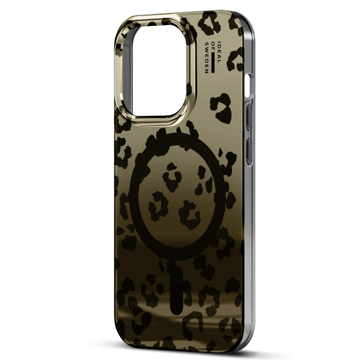 Ein goldfarbenes Handyhülle mit Leopardenmuster und dem Logo von IDEAL OF SWEDEN.
