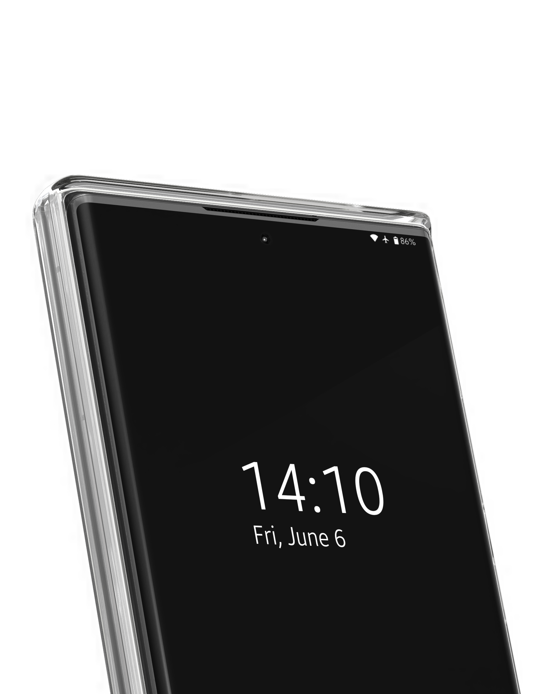 Ein Smartphone mit schwarzem Bildschirm zeigt 14:10 und Fr, 6. Juni an.