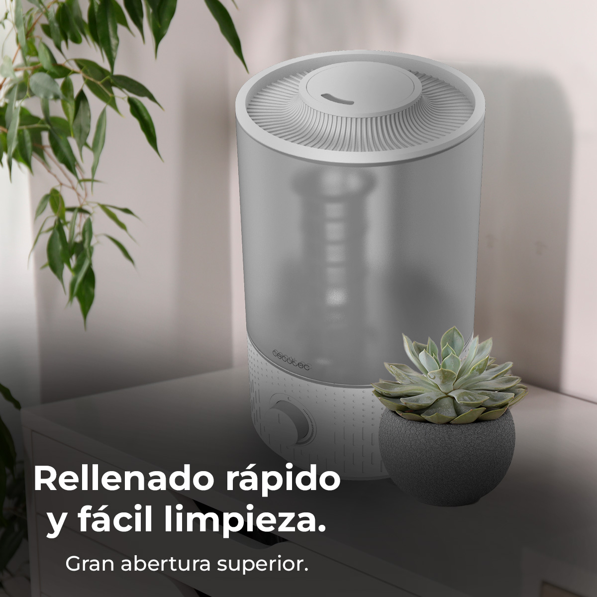 Un umidificatore bianco vicino a una pianta su un tavolo.