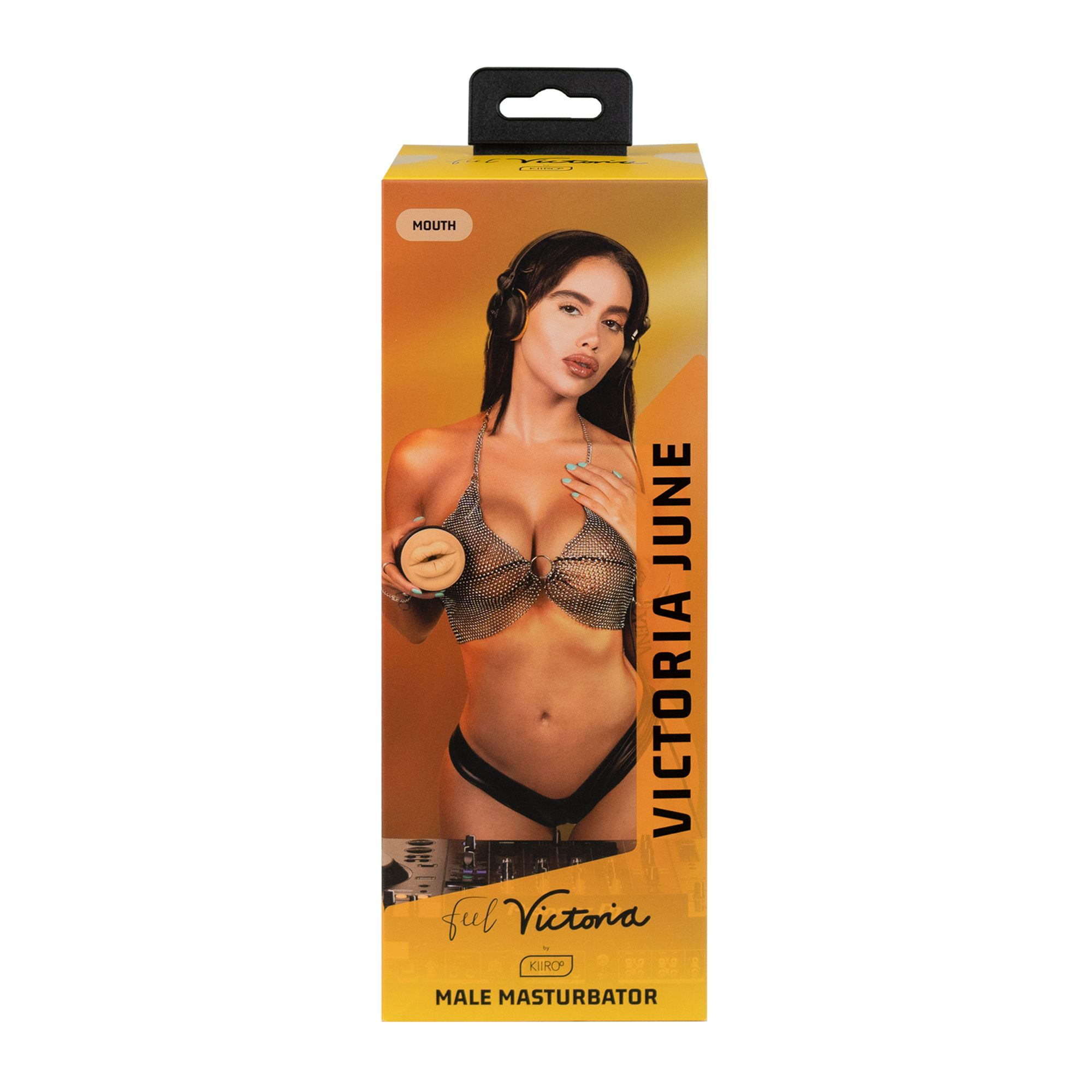 Verpackung für einen männlichen Masturbator mit Bild einer Frau und Kopfhörern.