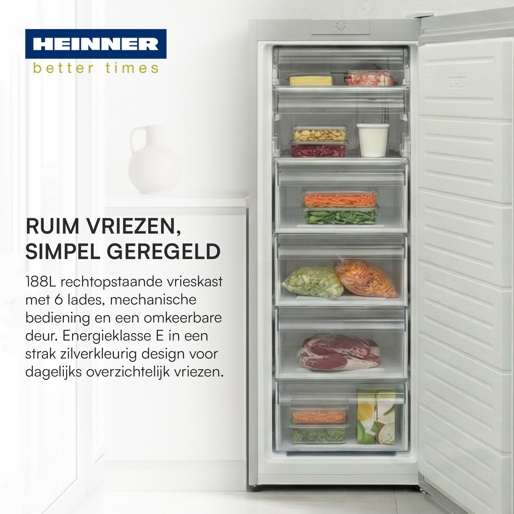 Een open vriezer met 6 lades, gevuld met etenswaren.