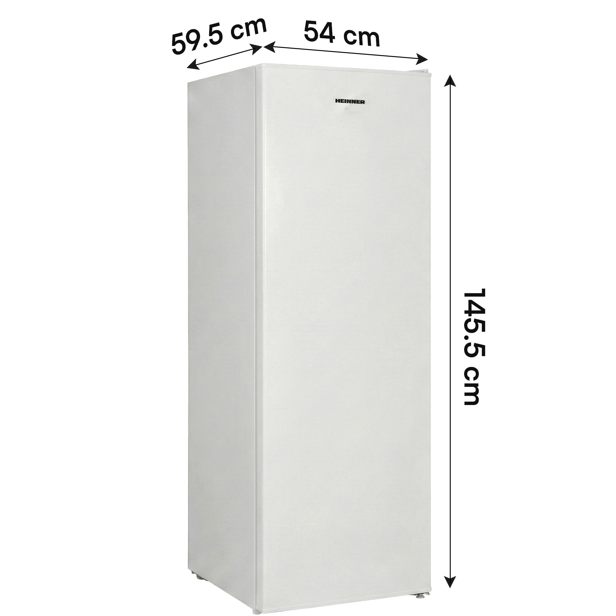 Een witte koelkast met afmetingen van 59,5 cm breed, 54 cm diep en 145,5 cm hoog.