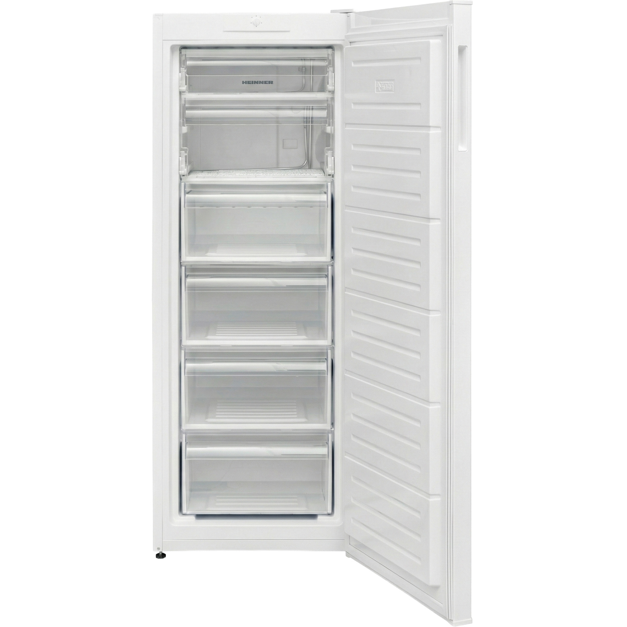 Een witte vriezer met de deur open, met transparante lades binnenin.