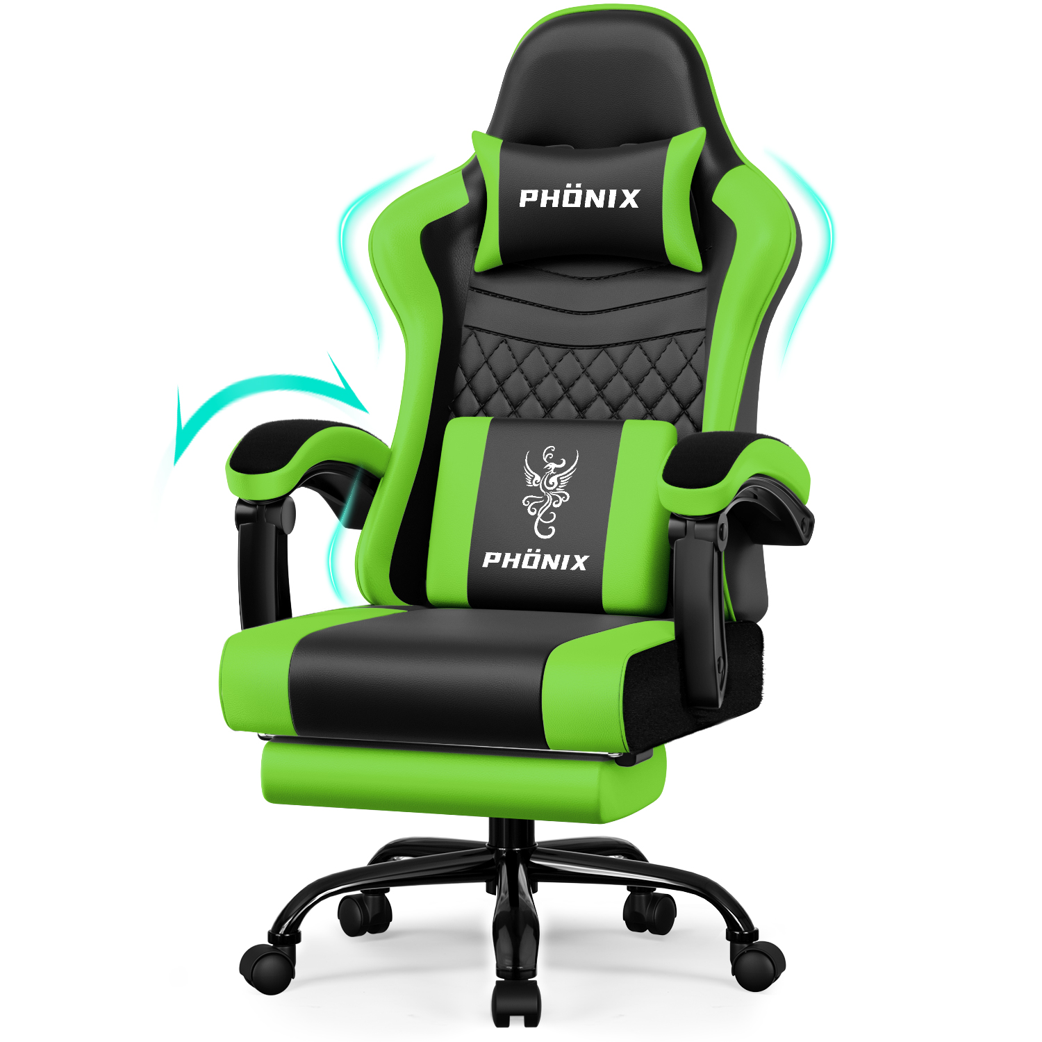 Ein schwarzer und grüner Gaming-Stuhl mit Rädern und Kissen.