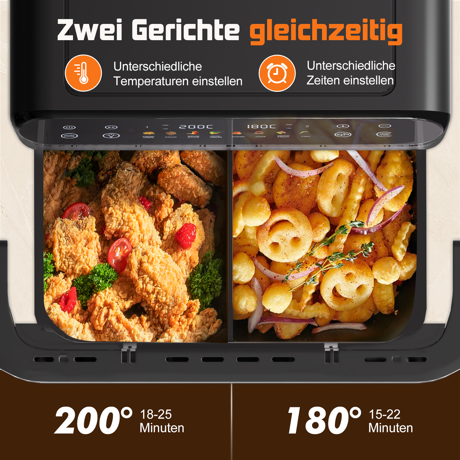Doppelkammer-Heißluftfritteuse mit gebratenem Hähnchen und Pommes.