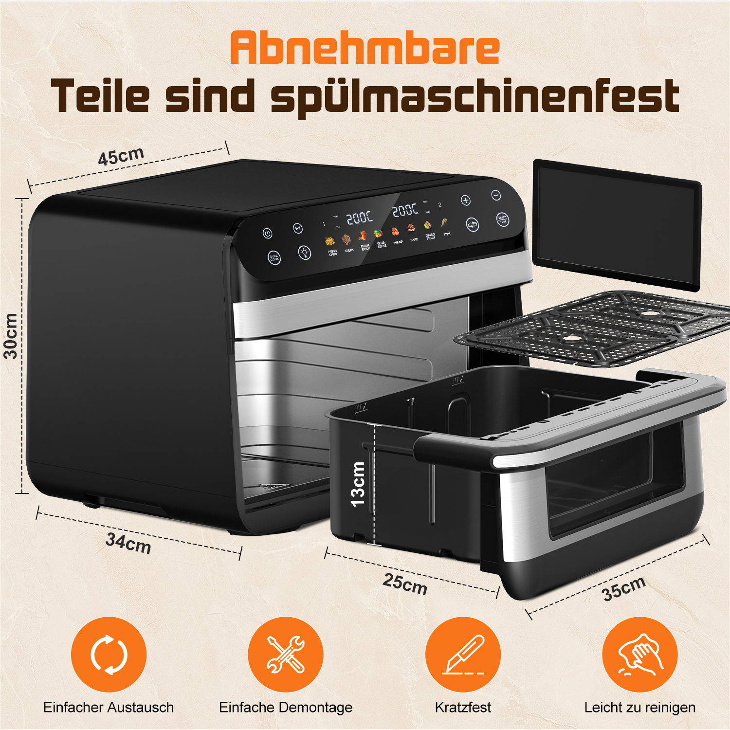 Schwarzer Airfryer mit abnehmbaren Teilen, Maße und Symbole für Pflege.