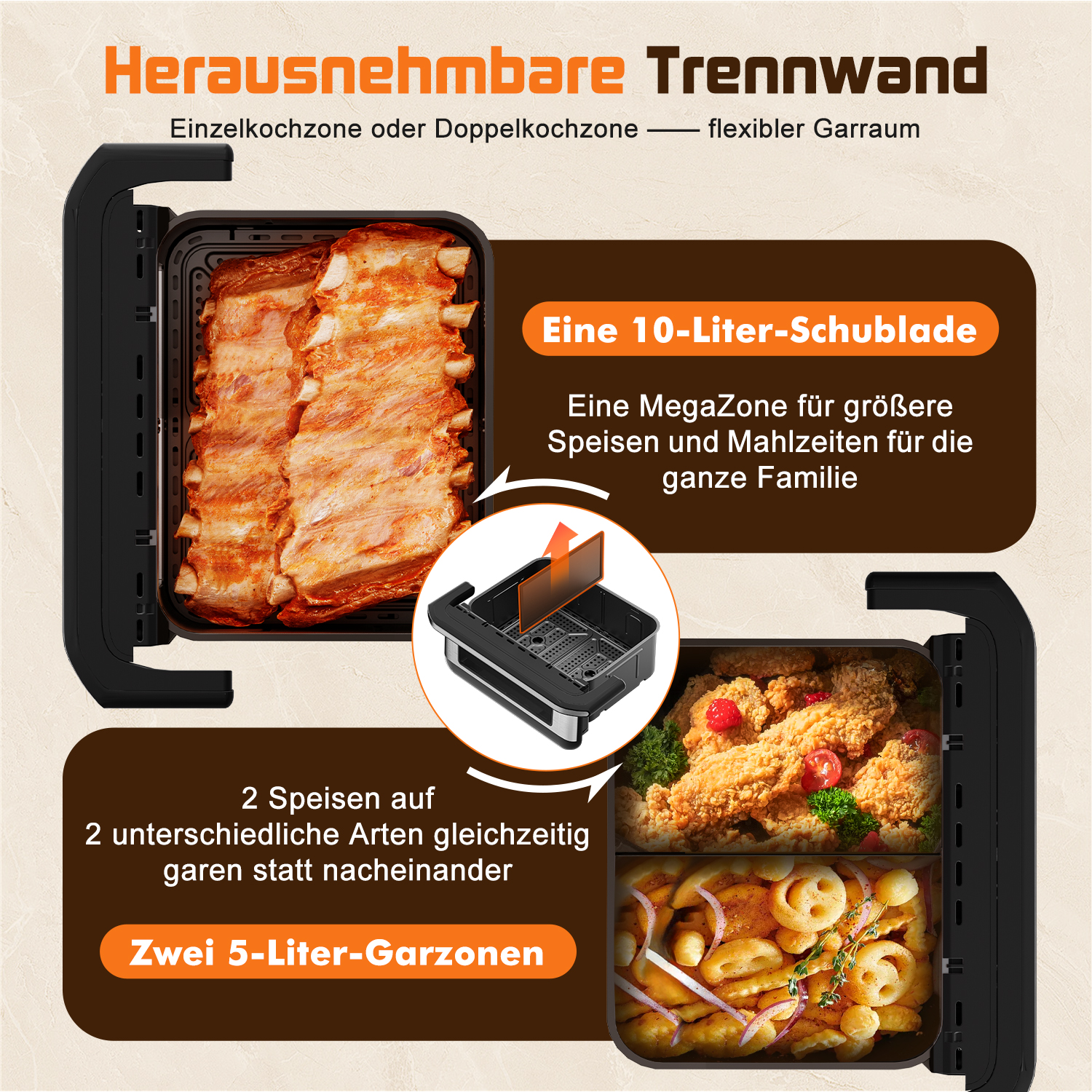 Ein Airfryer mit herausnehmbarer Trennwand, zeigt Rippchen, Pommes und Hähnchen.