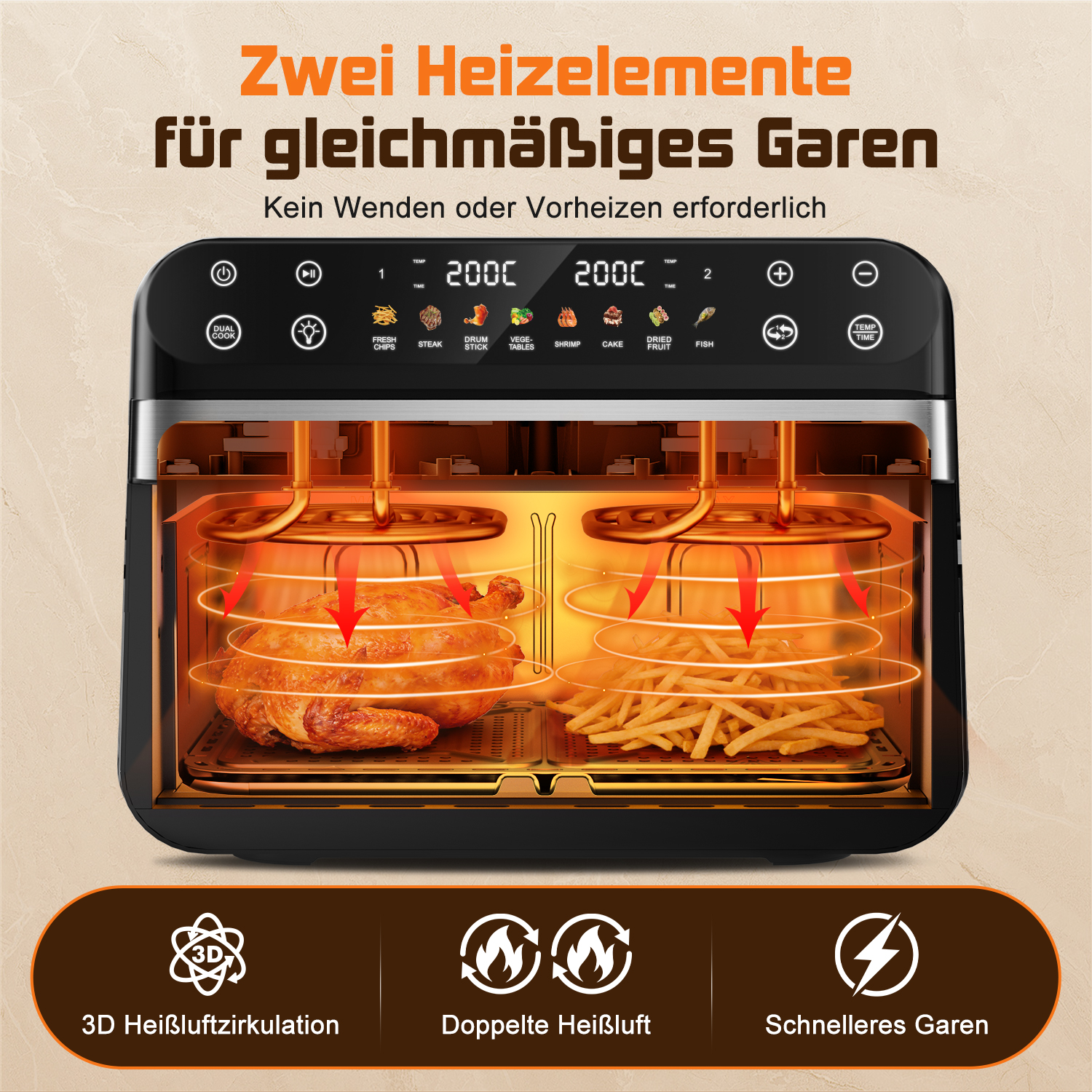 Ein Hähnchen und Pommes in einem Heißluftfritteusen-Ofen bei 200°C.