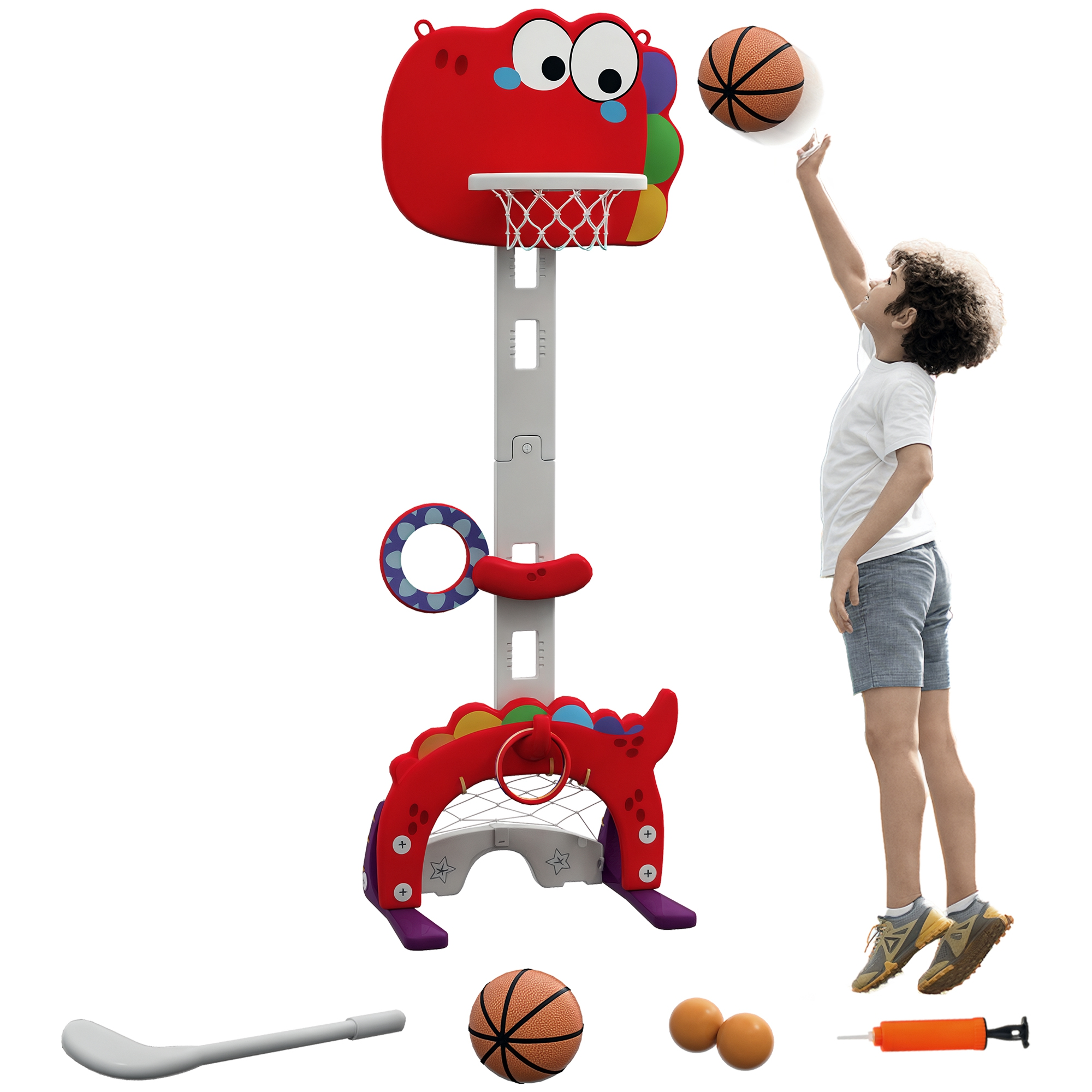 Ragazzo lancia pallone da basket a canestro dinosauro. Palla, mazza, pompa a terra.