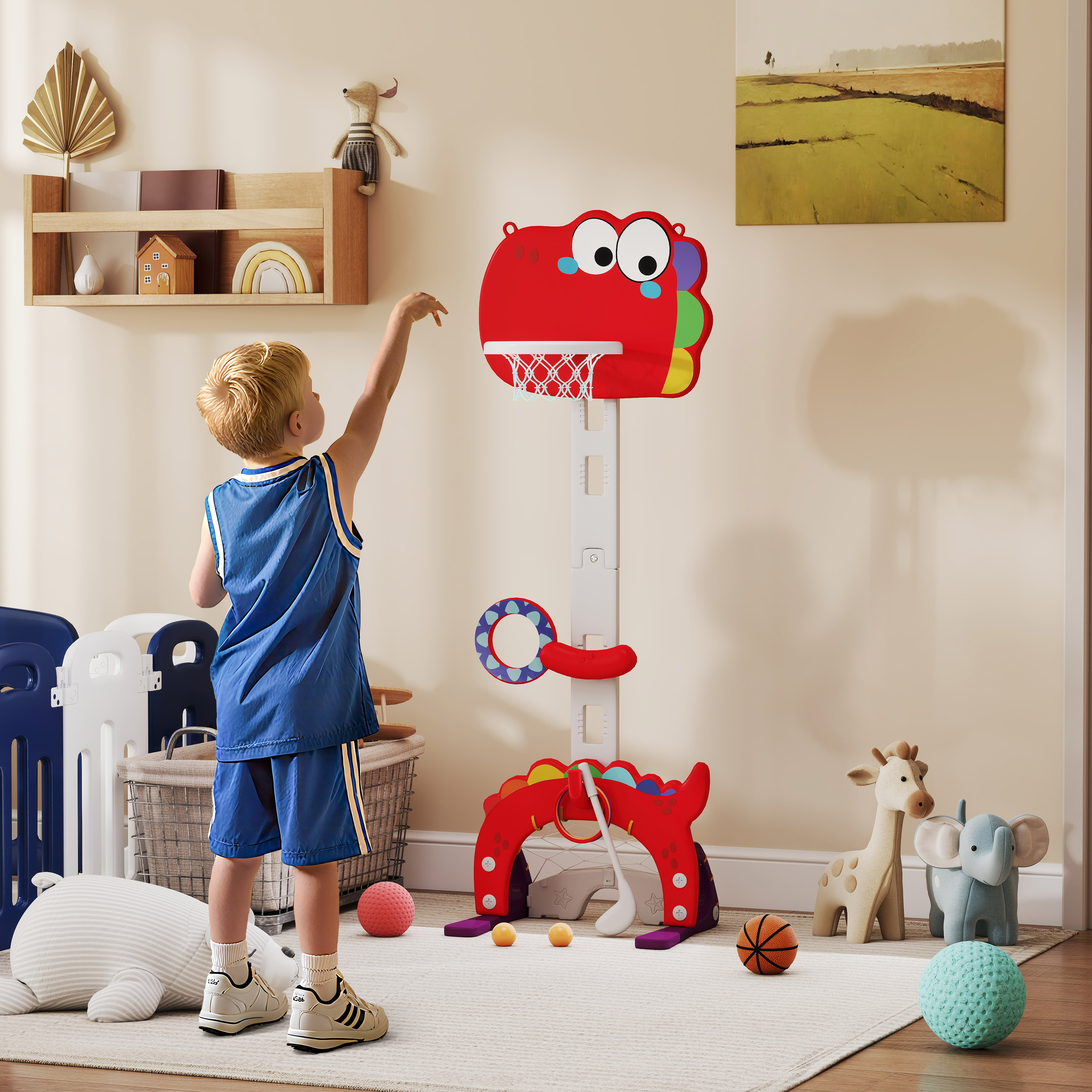 Un bambino lancia una palla in un canestro da basket a tema dinosauro.