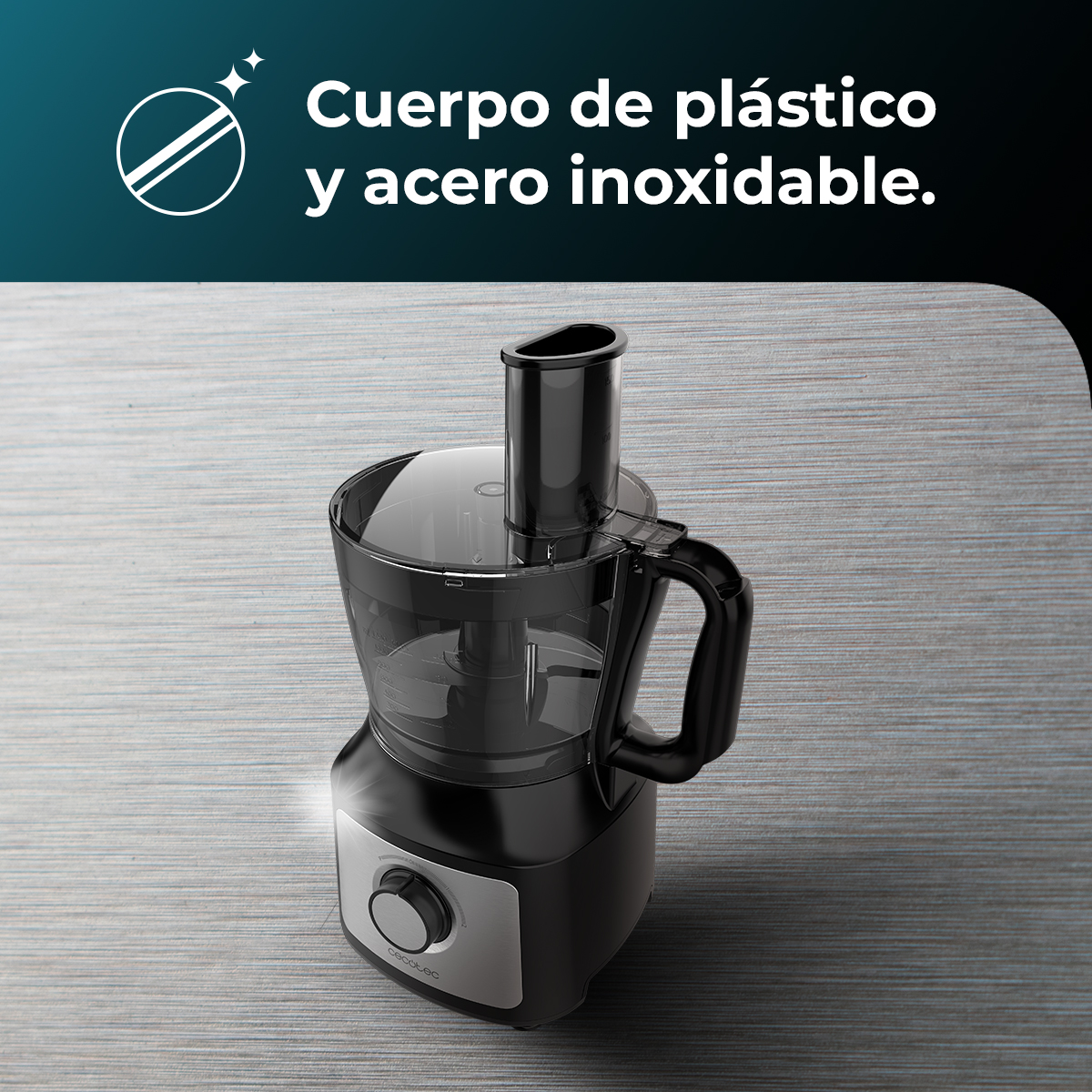Procesador de alimentos negro con bol transparente y panel de control plateado.