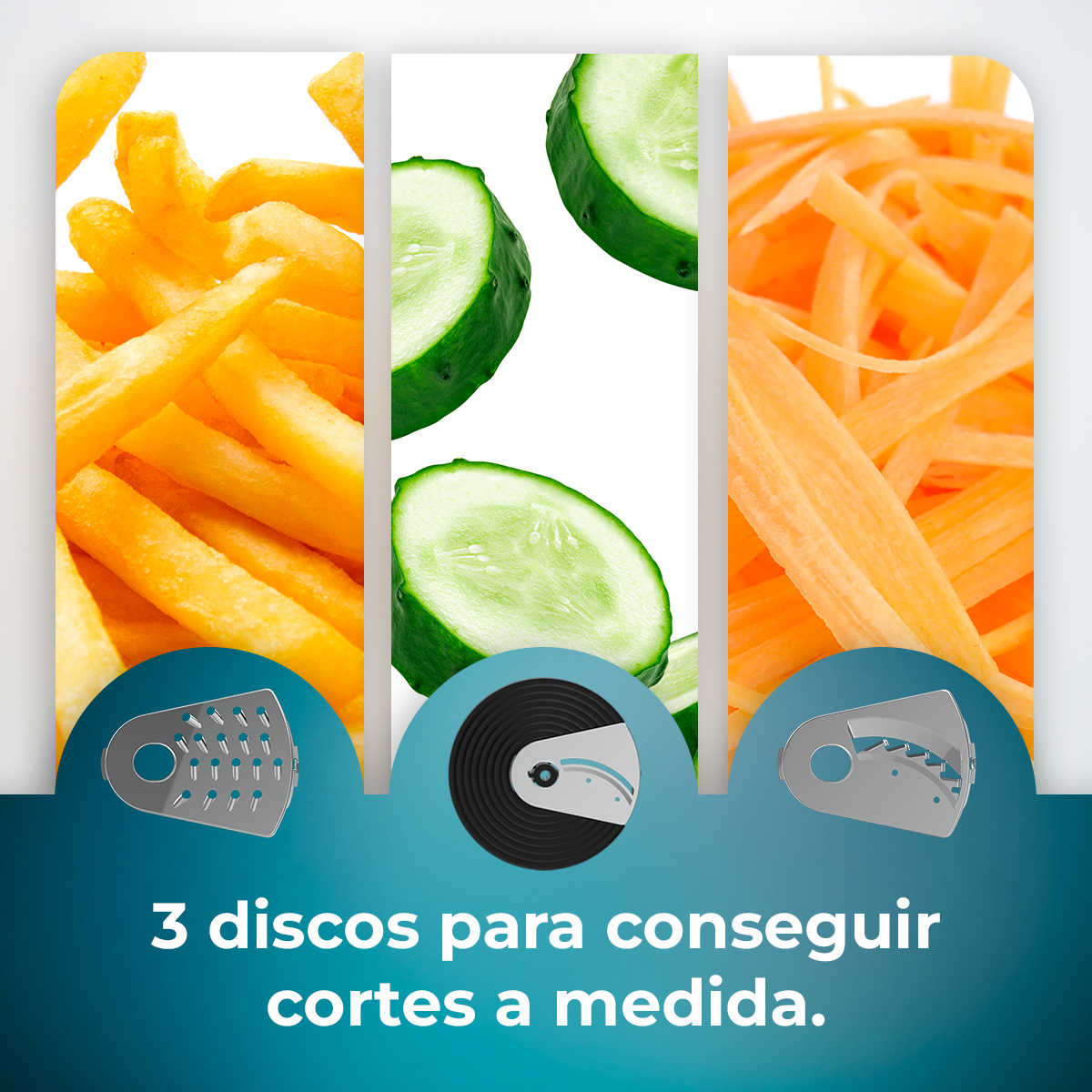 Tres paneles muestran papas fritas, rodajas de pepino y zanahoria rallada.