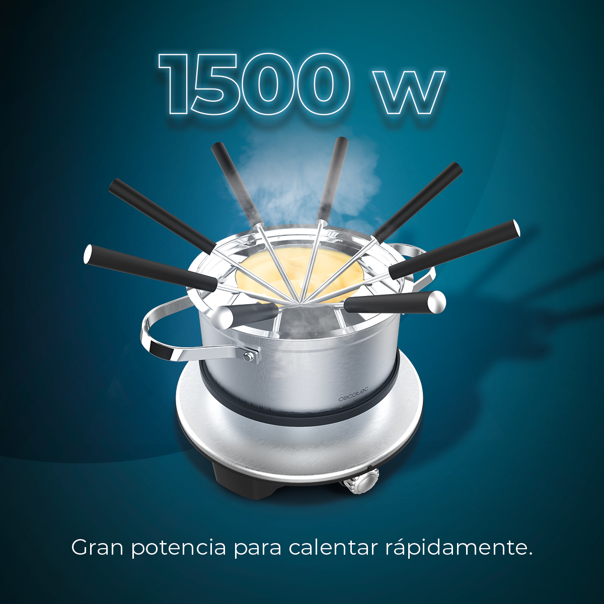 A 1500W fondue pot filled with yellow cheese, with seven forks.