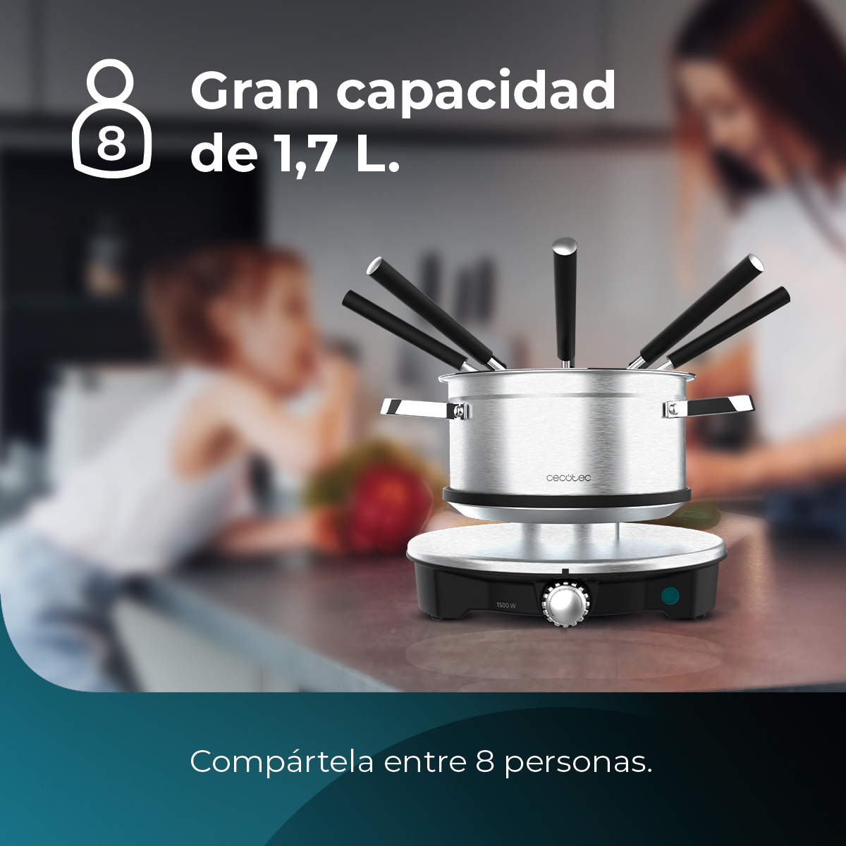 A silver fondue pot with eight black forks sits on a black heating base.