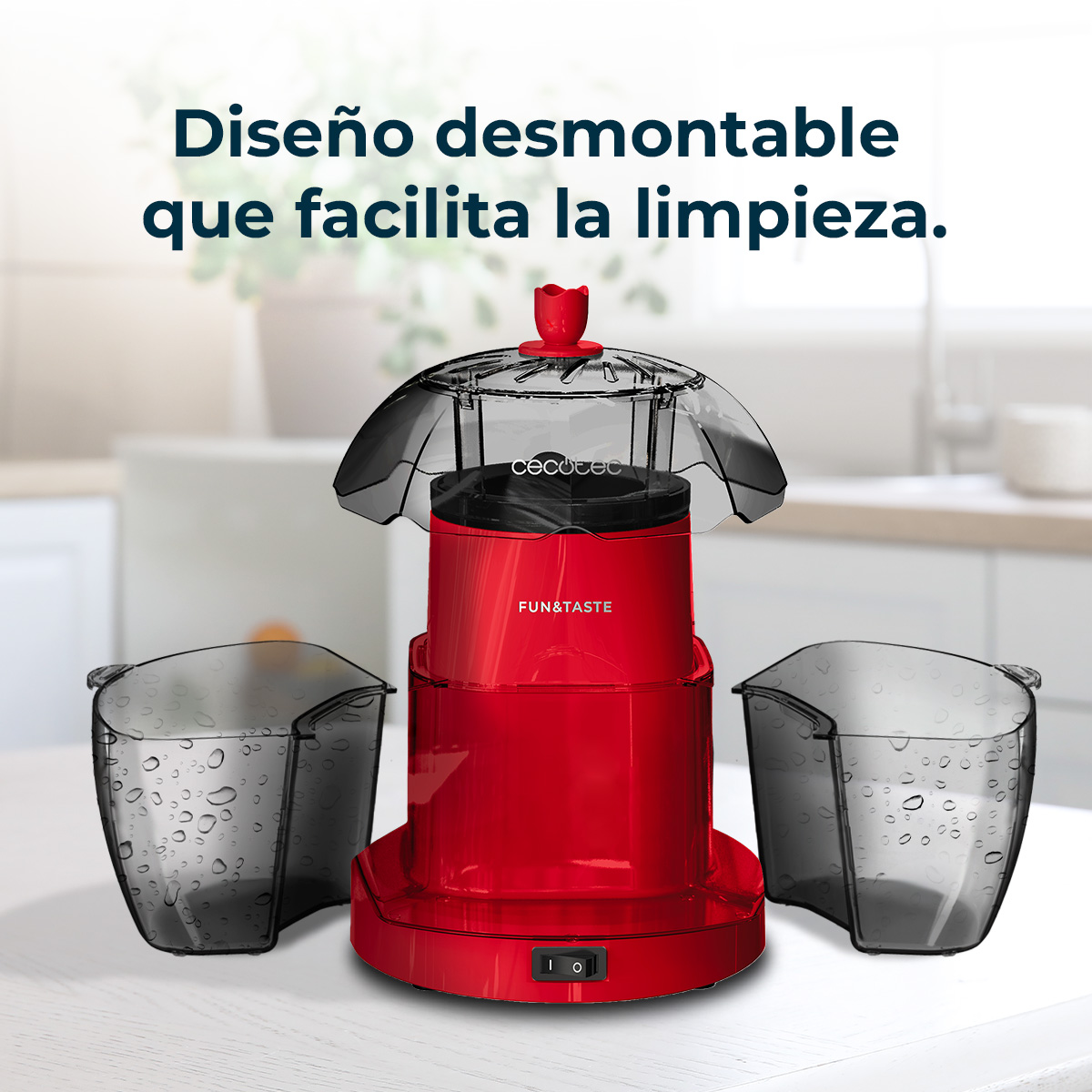Macchina per popcorn rossa con due contenitori rimovibili e facili da pulire.