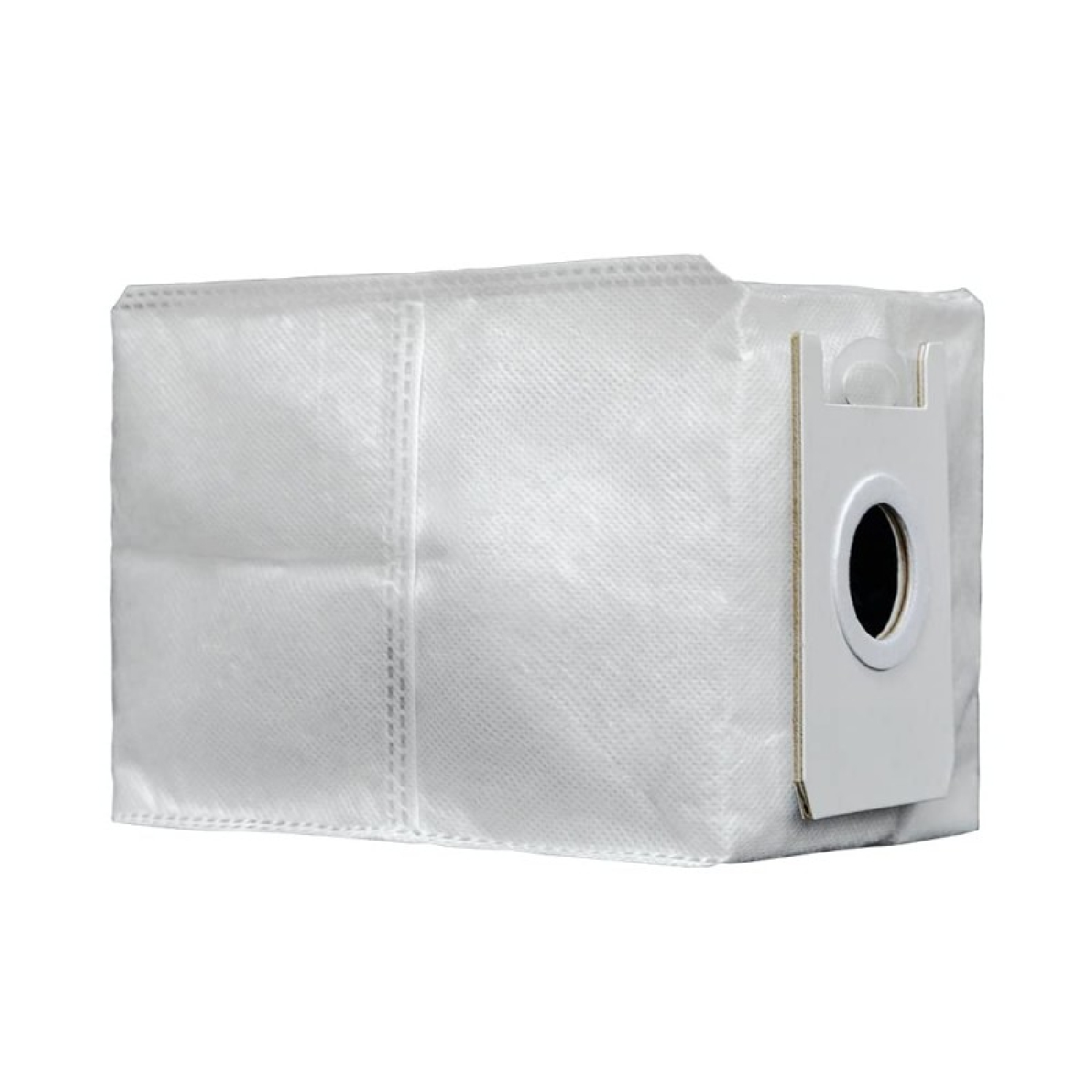 Un sacchetto per aspirapolvere bianco con apertura rotonda e cuciture visibili.