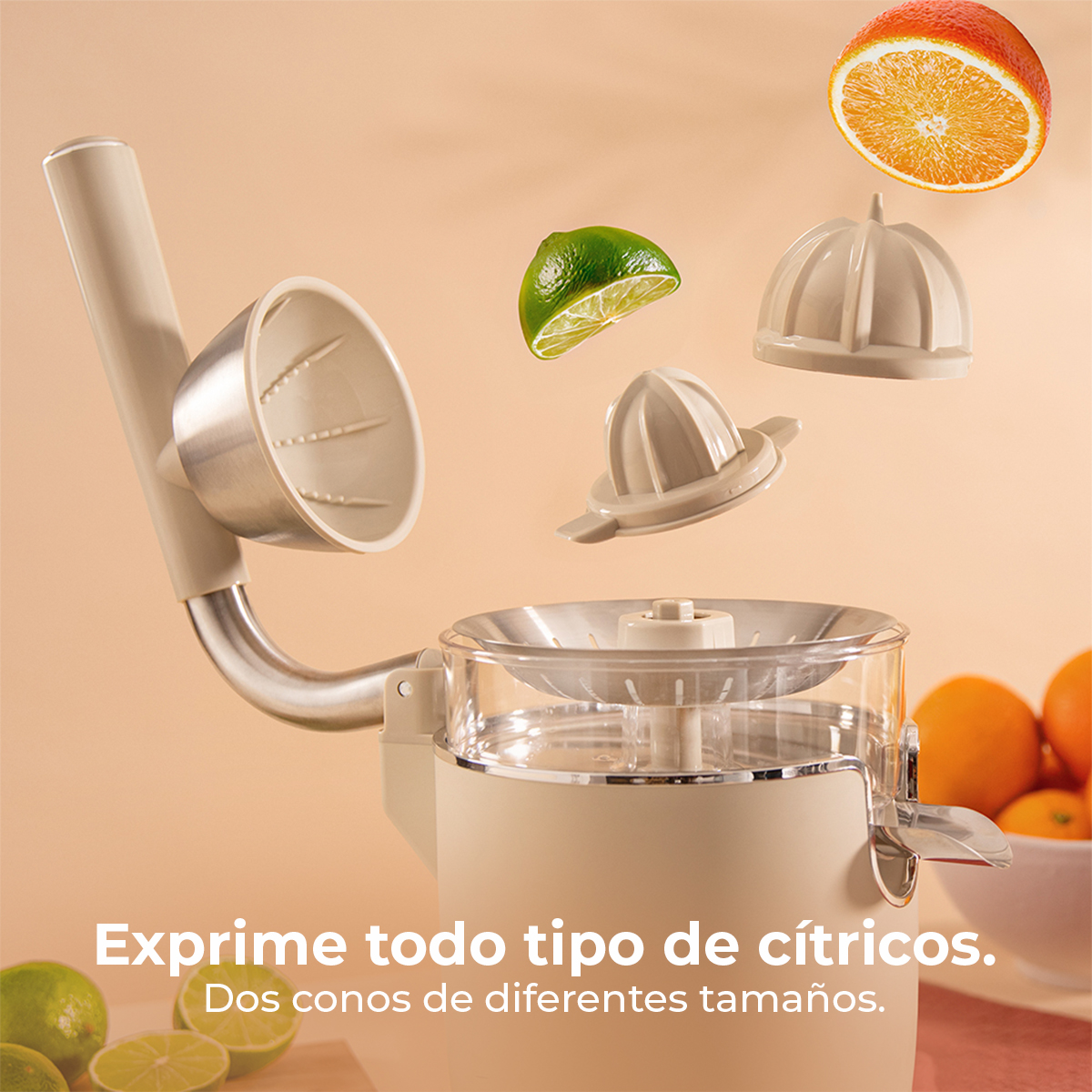 Un exprimidor eléctrico de cítricos con frutas y accesorios.