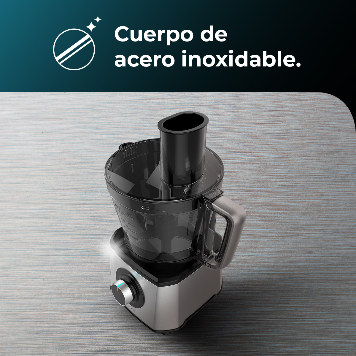Un moderno robot da cucina in acciaio inossidabile con ciotola nera e manopola argento.