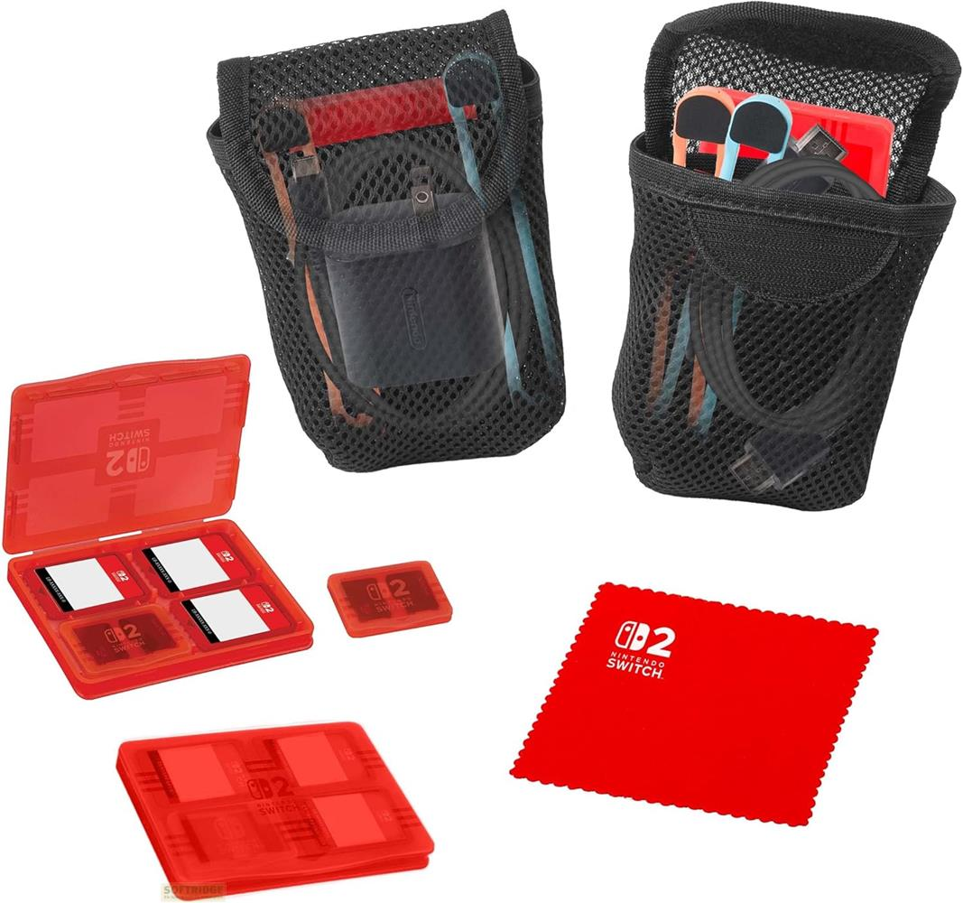 Due borse a rete nere con accessori Nintendo Switch e custodie rosse.