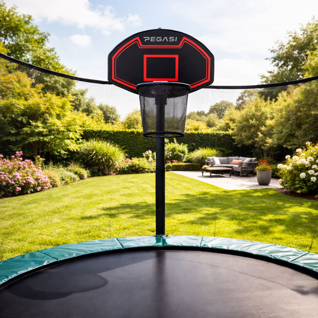 Trampoline with basketball hoop in a garden, with sofa in background.