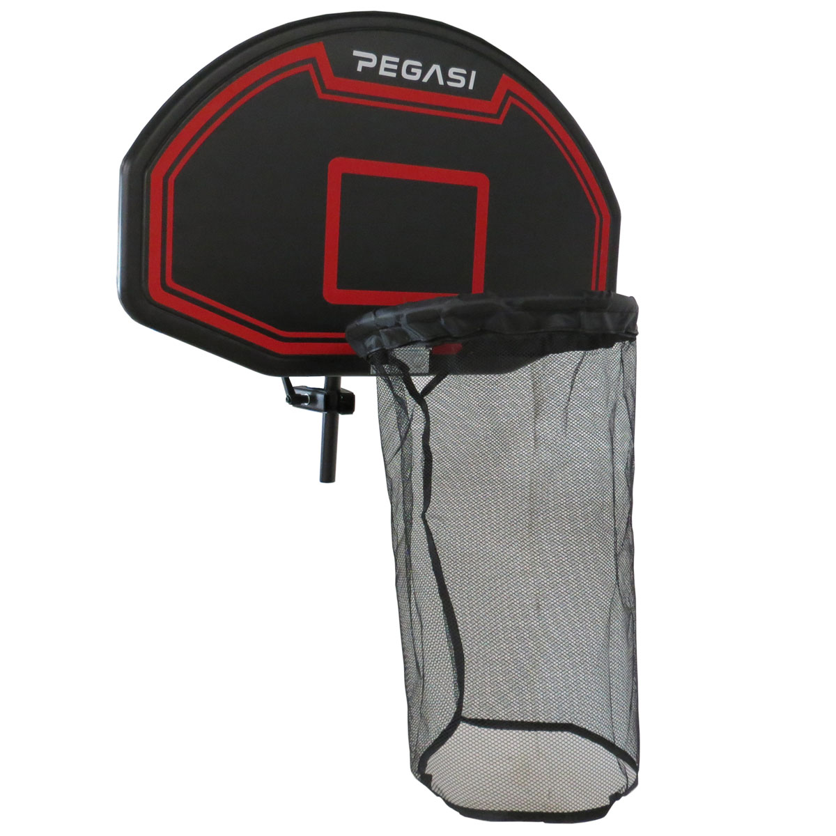 Black basketball backboard with red trim and a net.