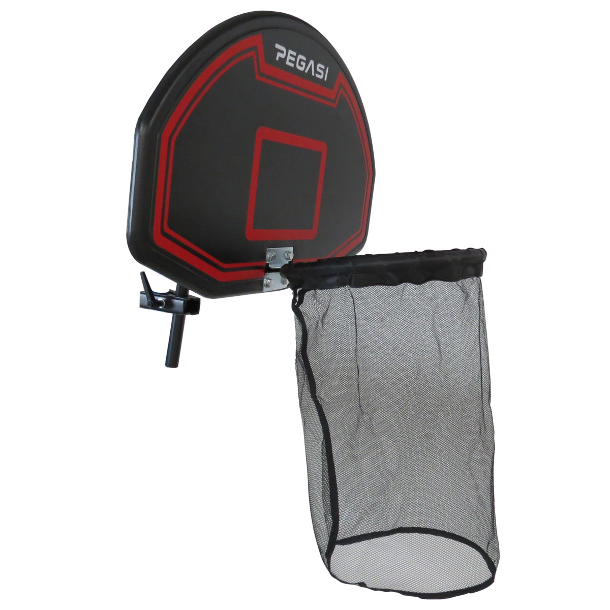 Black basketball backboard with red trim and a net.