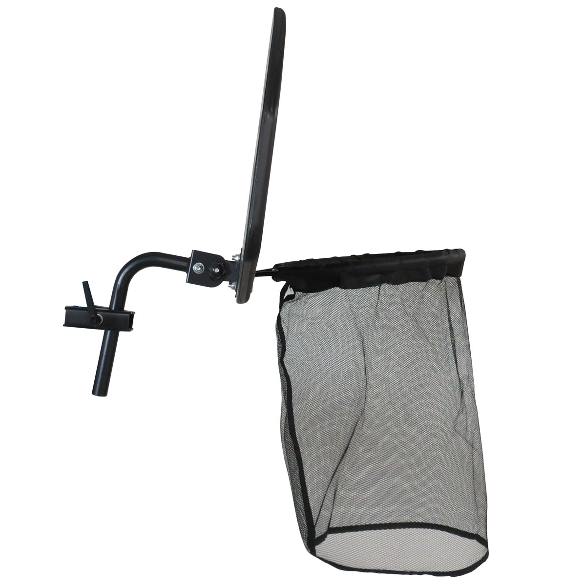 A black mesh collection bag is attached to a curved metal arm.