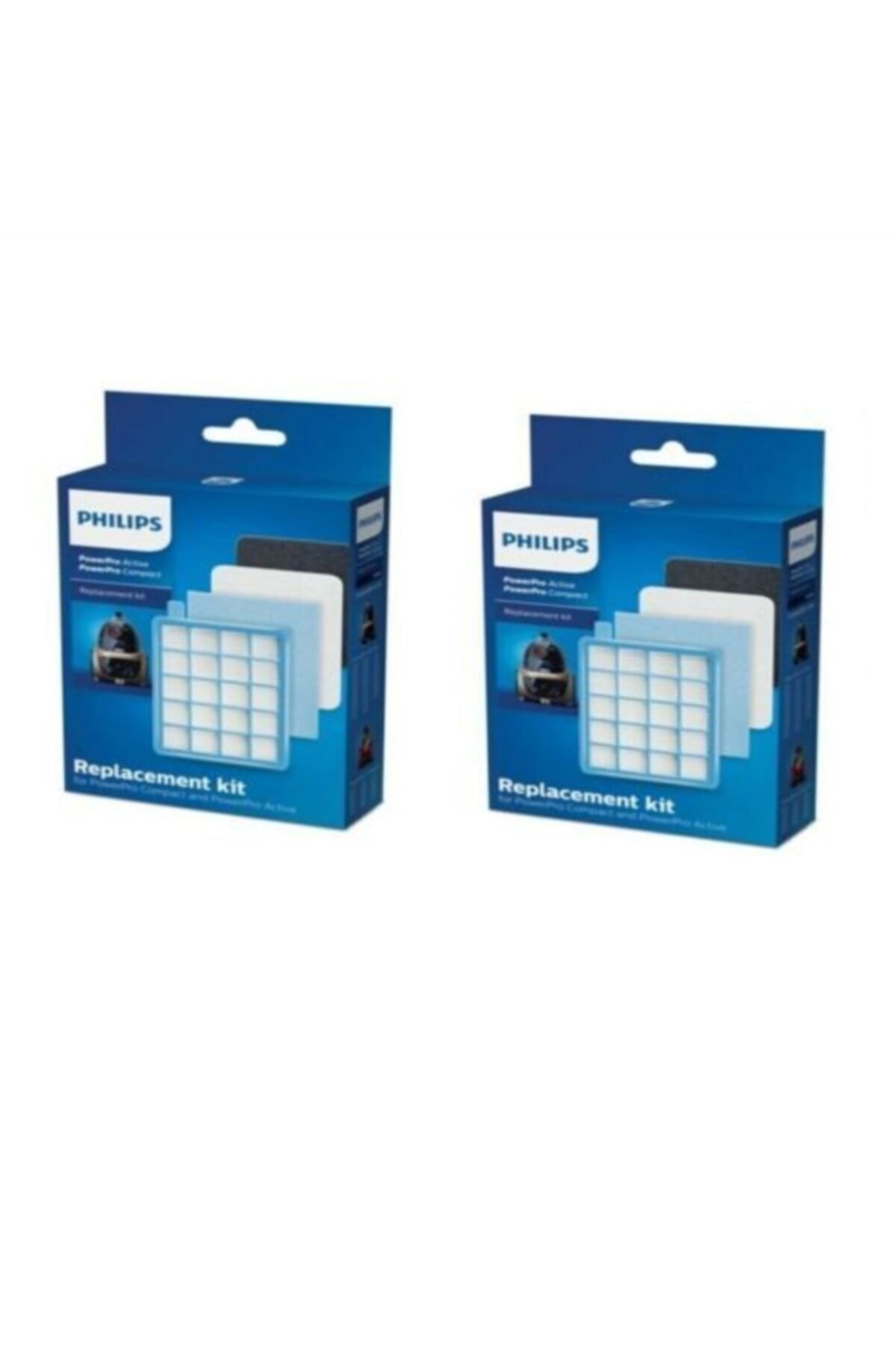 Filtre ve aksesuarlara sahip iki Philips elektrikli süpürge yedek kitleri.