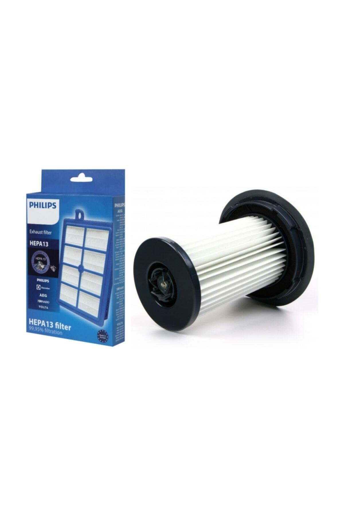 Mavi bir Philips HEPA13 egzoz filtresi ve ayrı bir filtre.